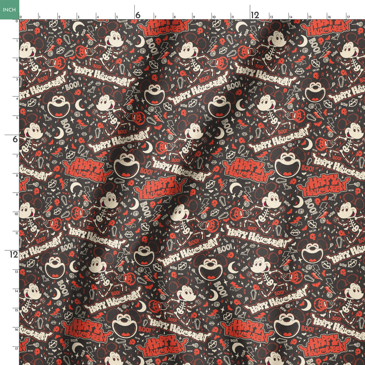 Mickey Mouse Halloween pattern with bats, pumpkins, and "Happy Halloween" text on dark background springs ruler 18x18