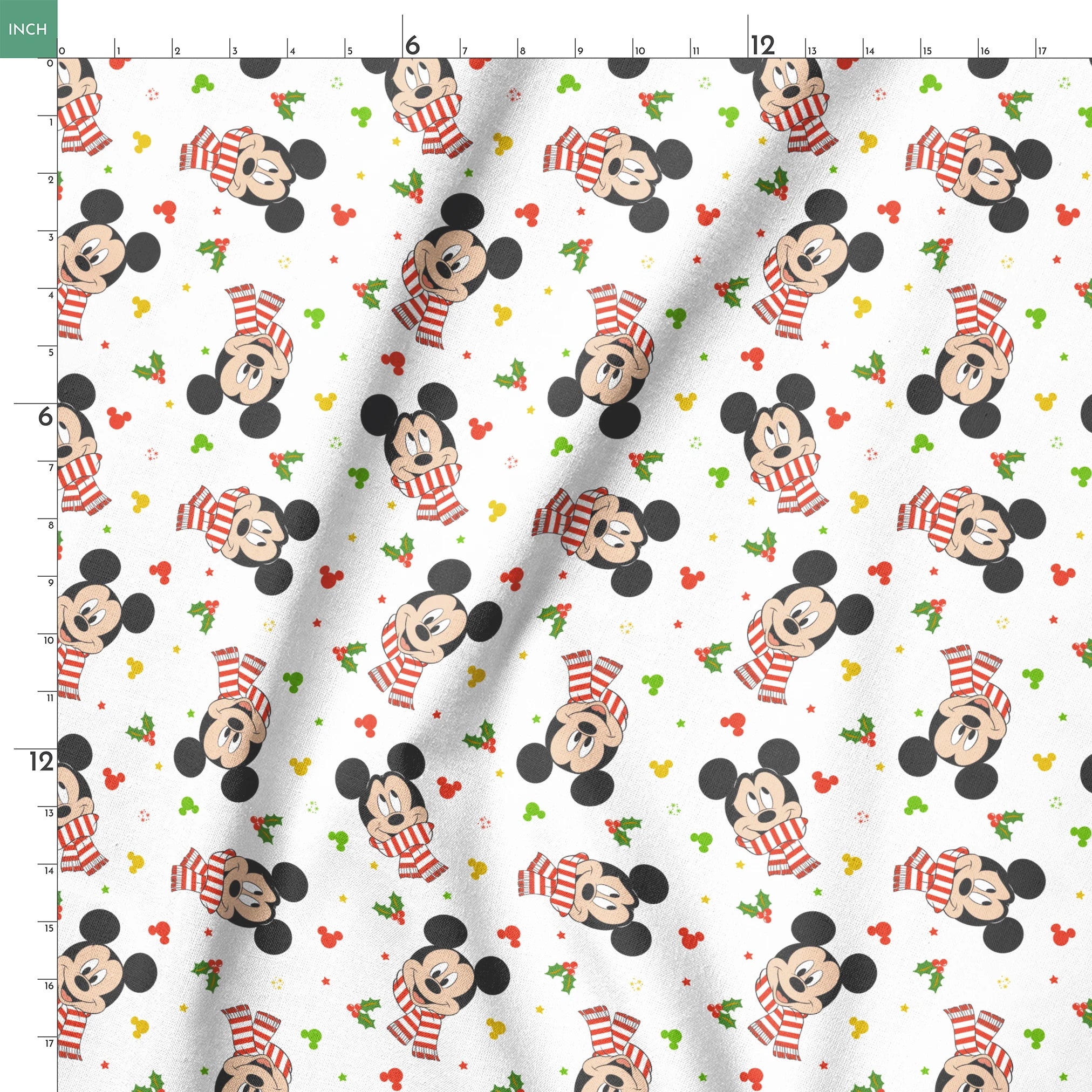 Mickey Mouse wearing red striped scarves, surrounded by holly and colorful icons on white background springs ruler 18x18
