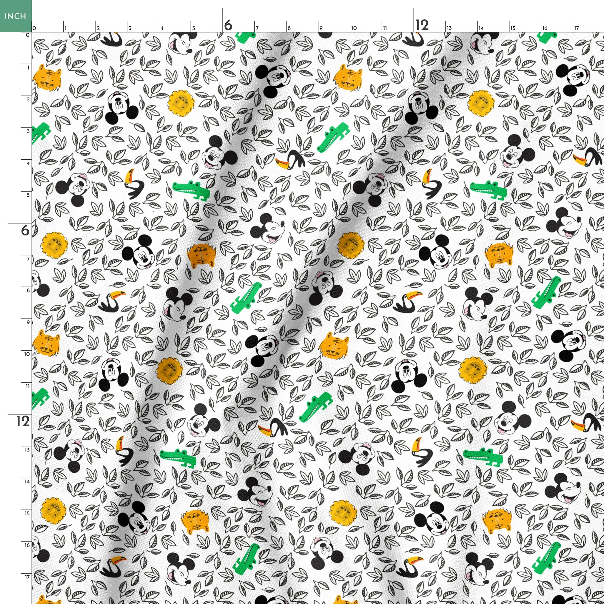 Pattern of cartoon Mickey Mouse silhouettes with yellow honeycomb, green bamboo, and black and white leaves springs ruler 18x18