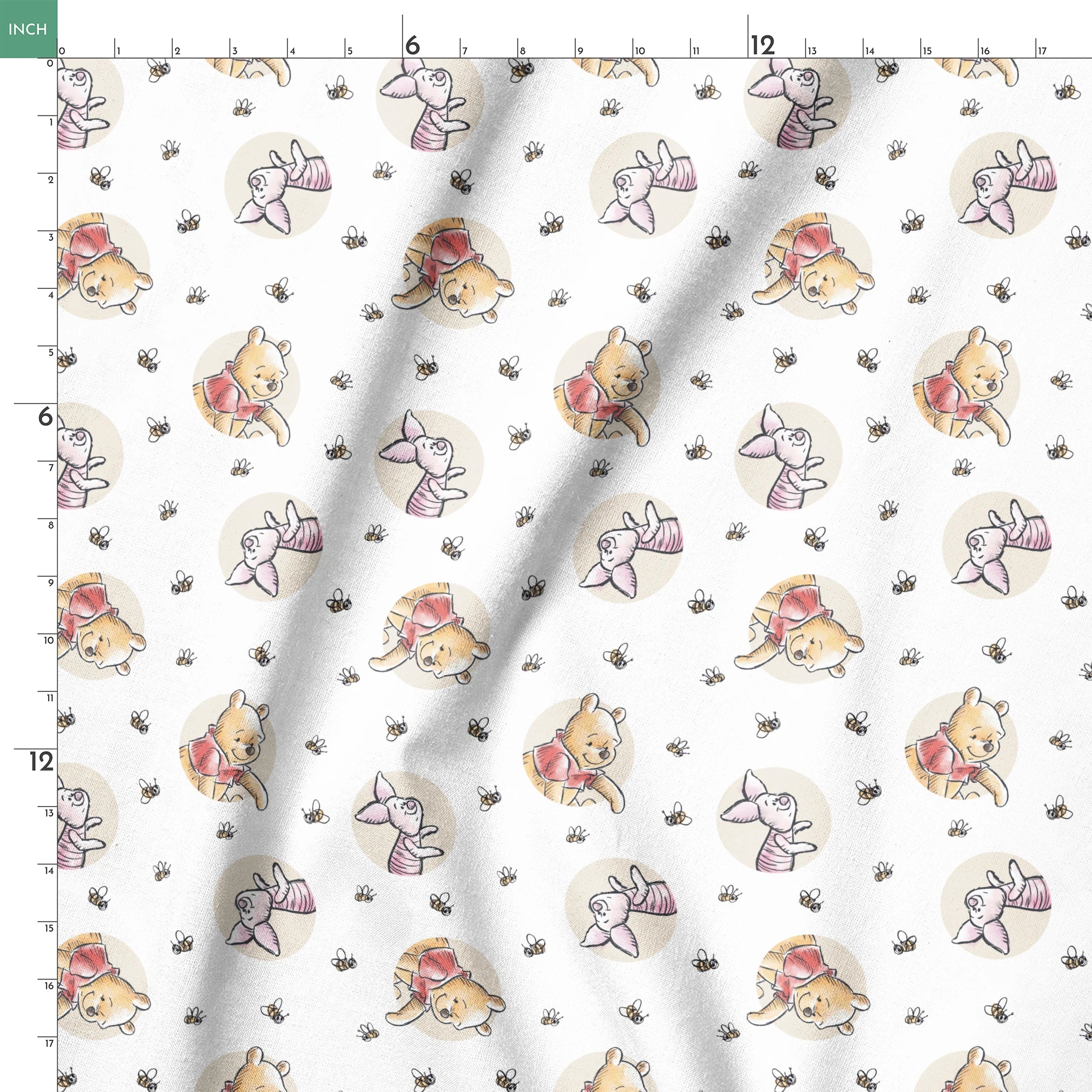 Cute cartoon Winnie the Pooh and Piglet pattern with circular vignettes and buzzing bees springs ruler 18x18