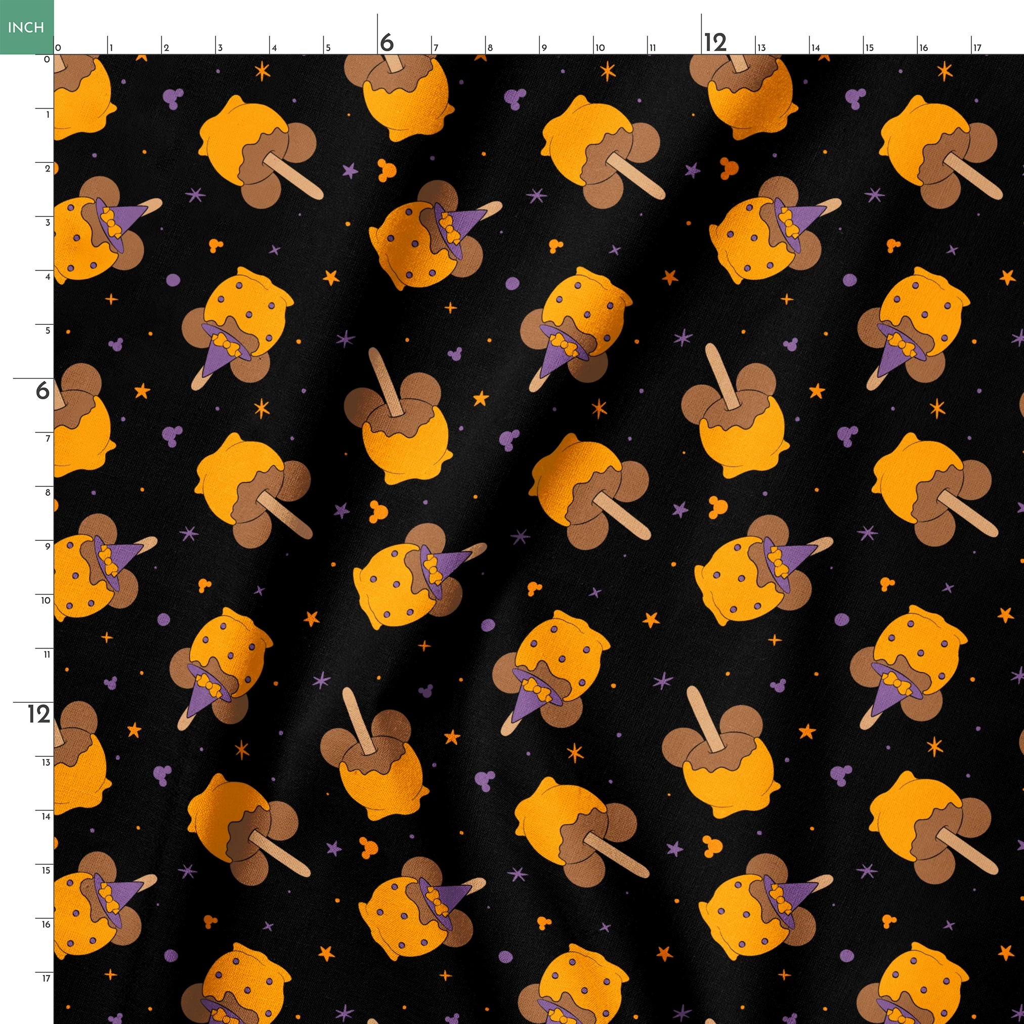 Disney-inspired caramel apples and candy apples floating in a space-like black background with purple stars. springs ruler 18x18