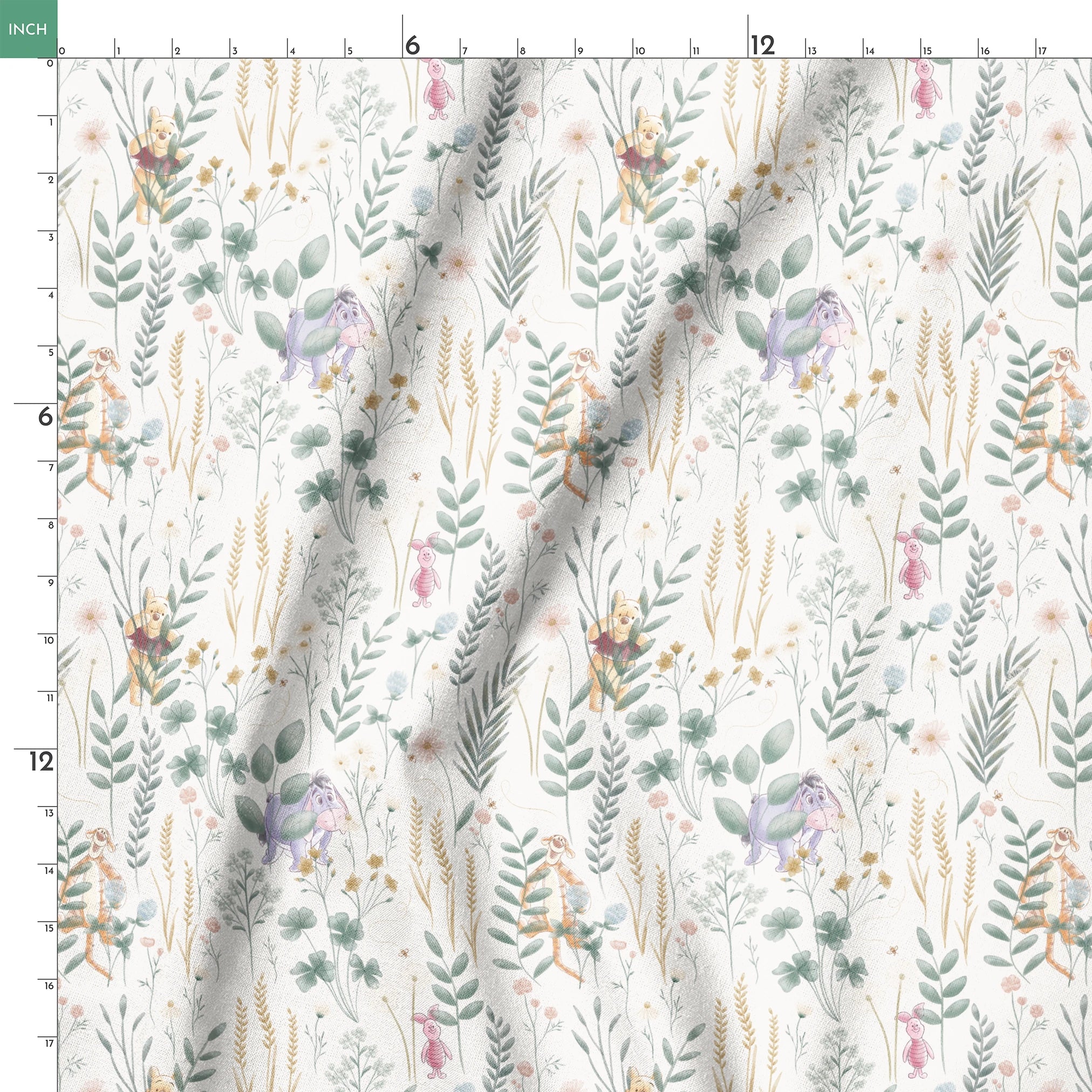 Whimsical botanical pattern with colorful teddy bears and creatures among green plants and flowers springs ruler 18x18