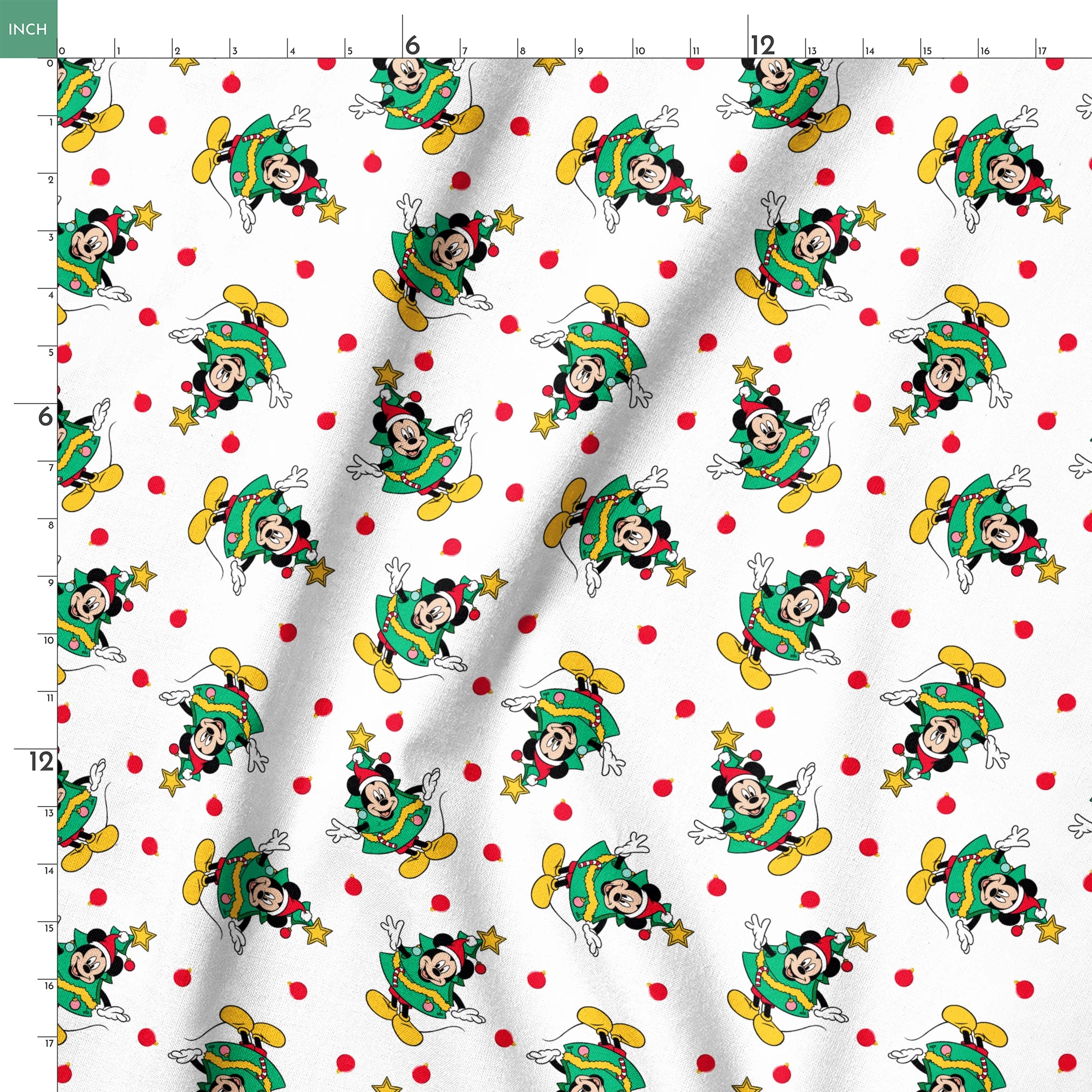 Mickey Mouse in a Christmas tree costume and stars on white background with red dots springs ruler 18x18