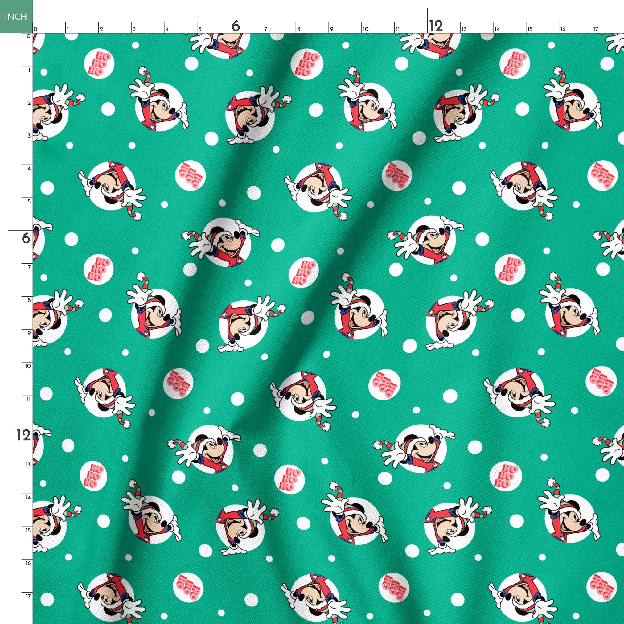 Mickey Mouse in Santa hats on green polka dot background with "Ho Ho Ho" text springs ruler 18x18