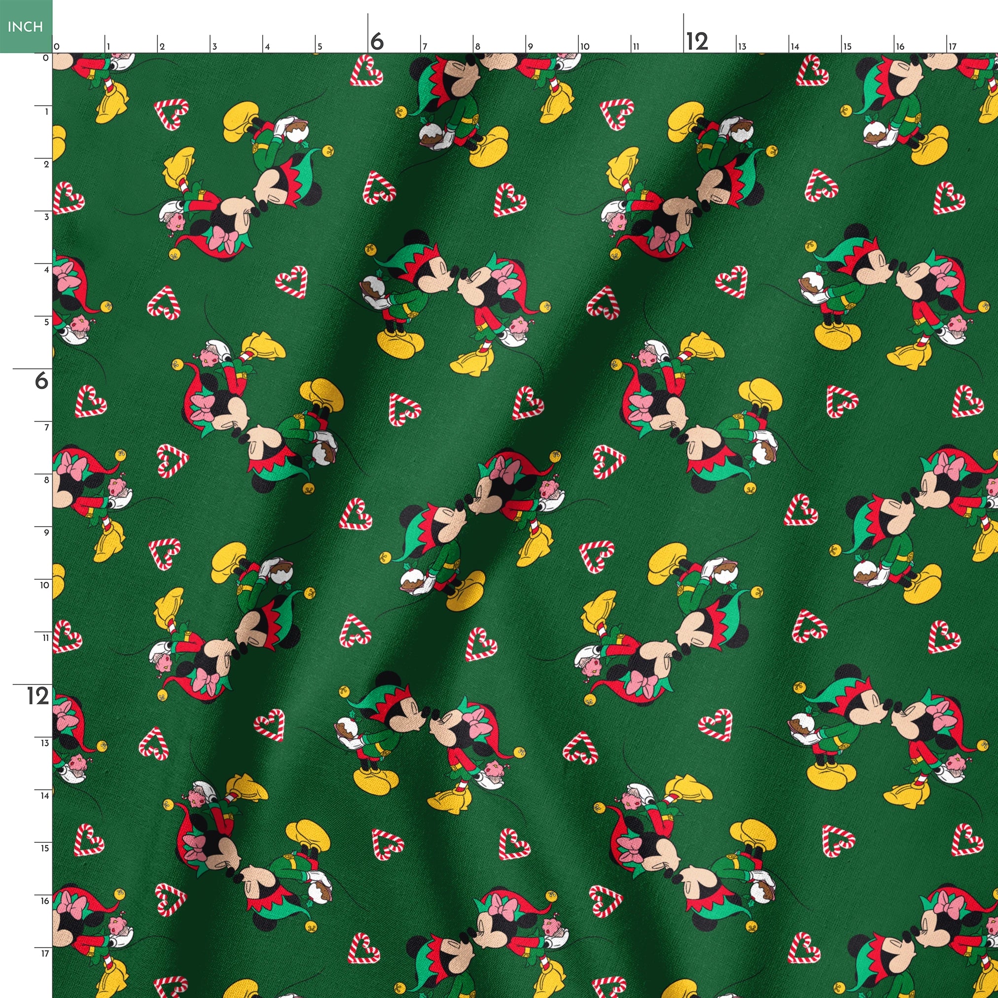 Festive Mickey Mouse pattern with candy canes on green background springs ruler 18x18