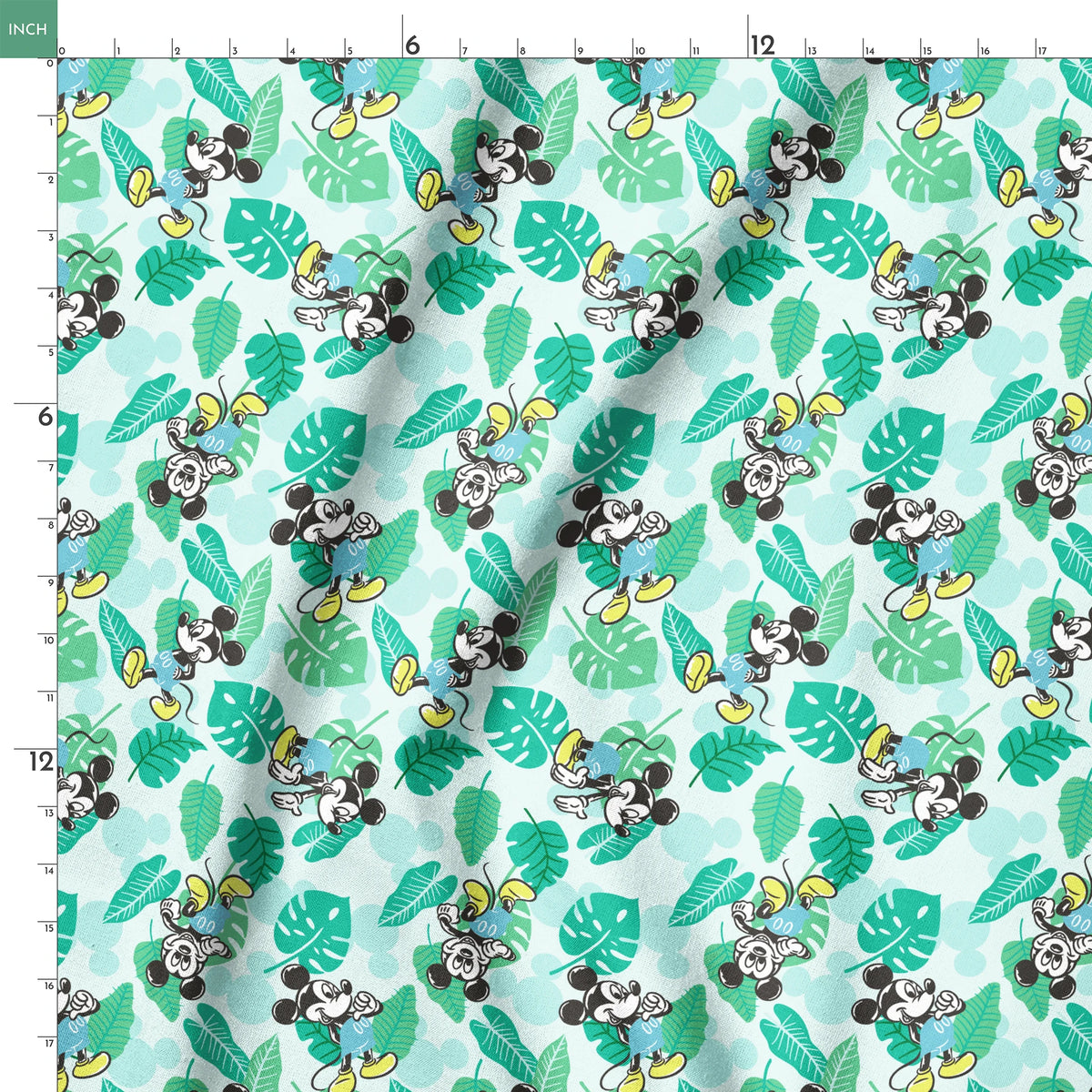 Colorful pattern with cartoon mice characters and tropical green leaves on a light blue background springs ruler 18x18