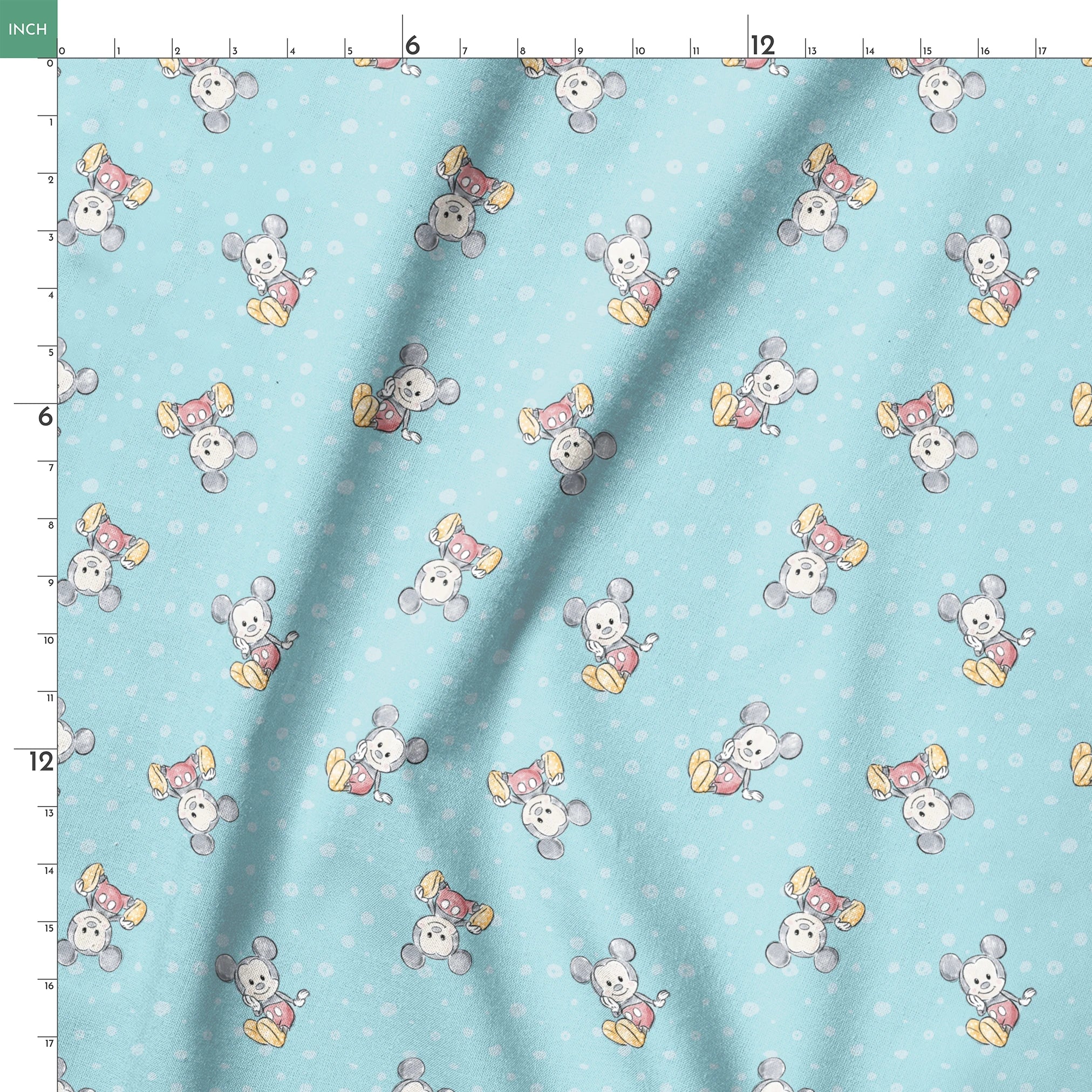 Cute cartoon mouse pattern with gray mice wearing colorful outfits on light blue polka dot background springs ruler 18x18