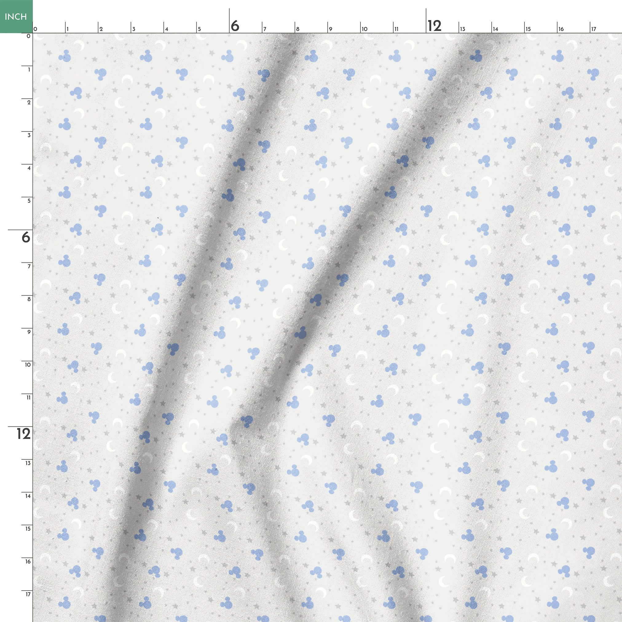 Blue Mickey Mouse silhouettes with white moons and gray stars on light gray background springs ruler 18x18