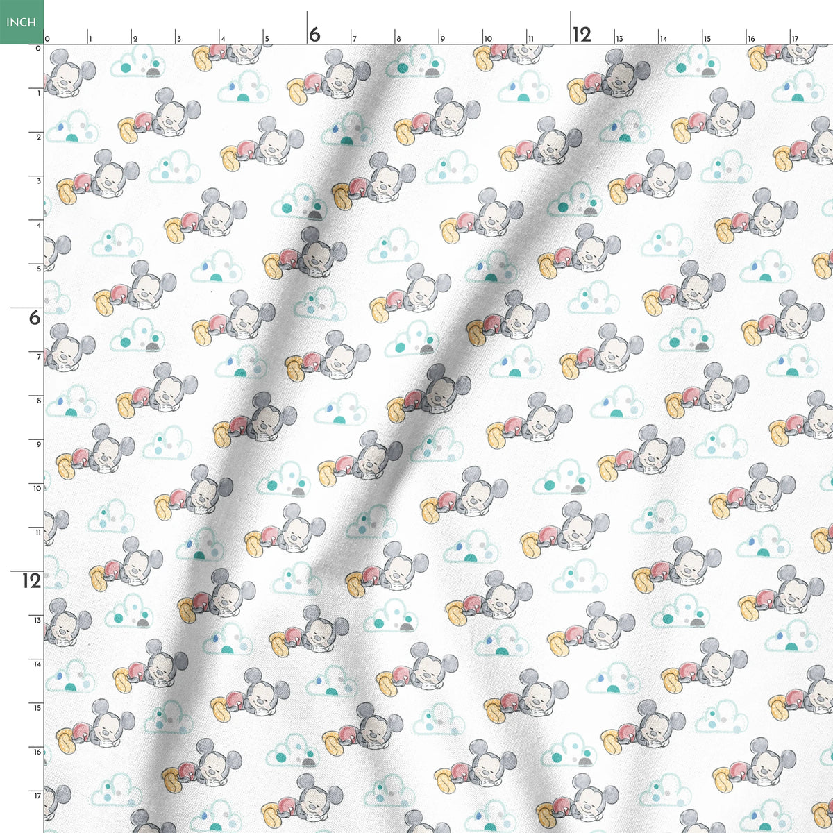 Cute cartoon mouse characters sleeping peacefully on white background with mint green clouds pattern springs ruler 18x18