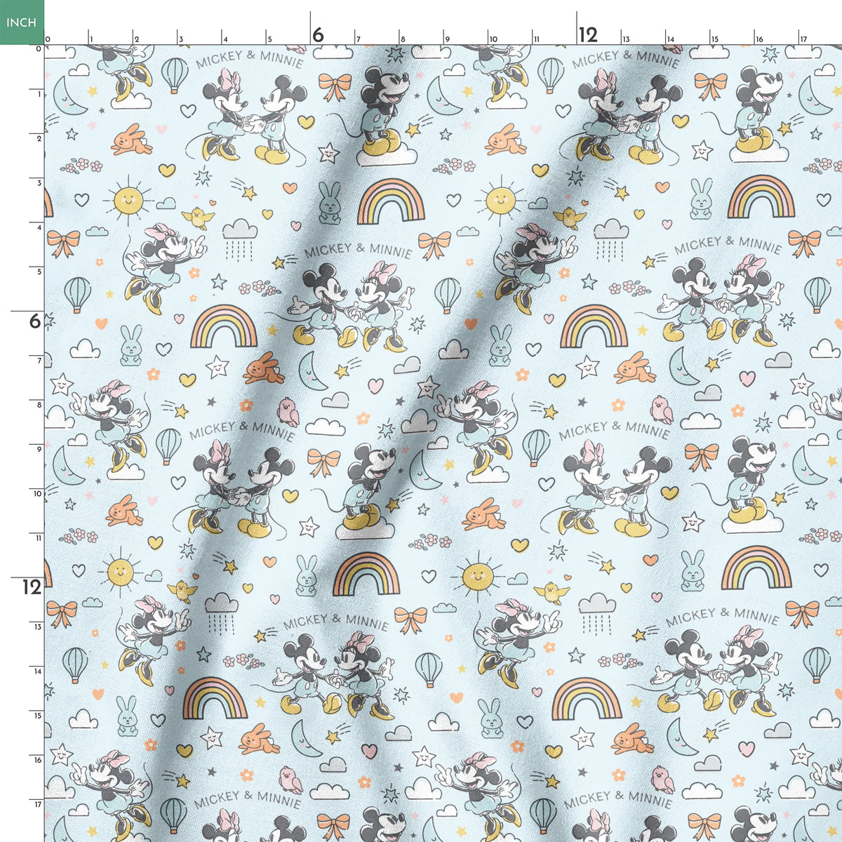 Playful Disney pattern with classic cartoon characters, rainbows, hearts, and whimsical elements on light blue background. springs ruler 18x18