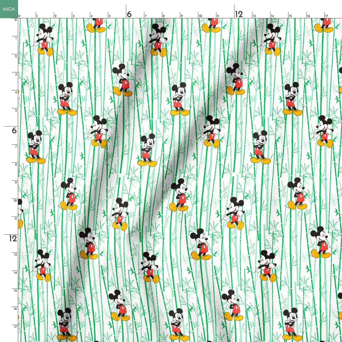 Cartoon mouse character pattern on white background with green vertical stripes springs ruler 18x18