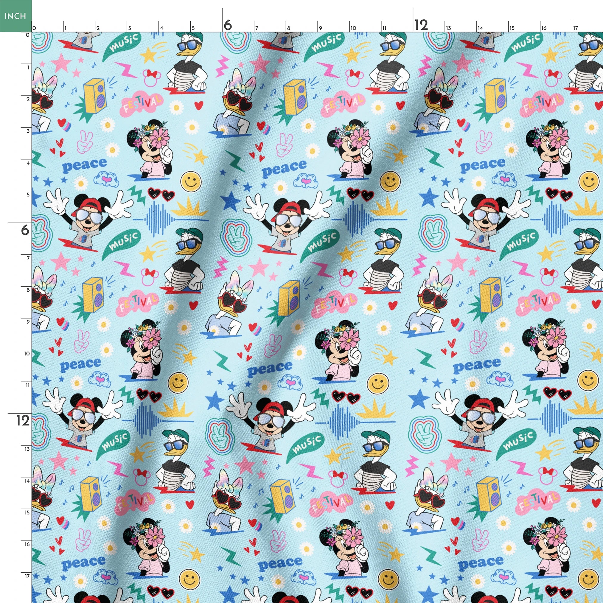 Colorful cartoon pattern with Disney characters, peace signs, stars, and music motifs on light blue background. springs ruler 18x18