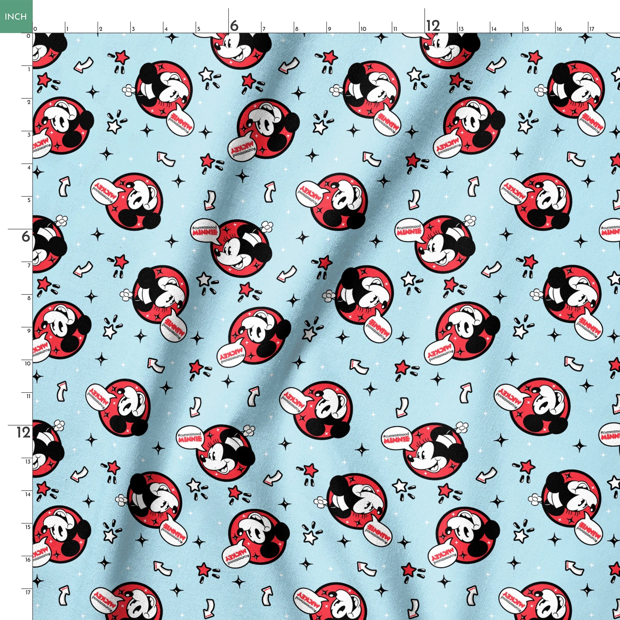 Disney Mickey Mouse pattern with red circular emblems on light blue background with stars and arrows springs ruler 18x18