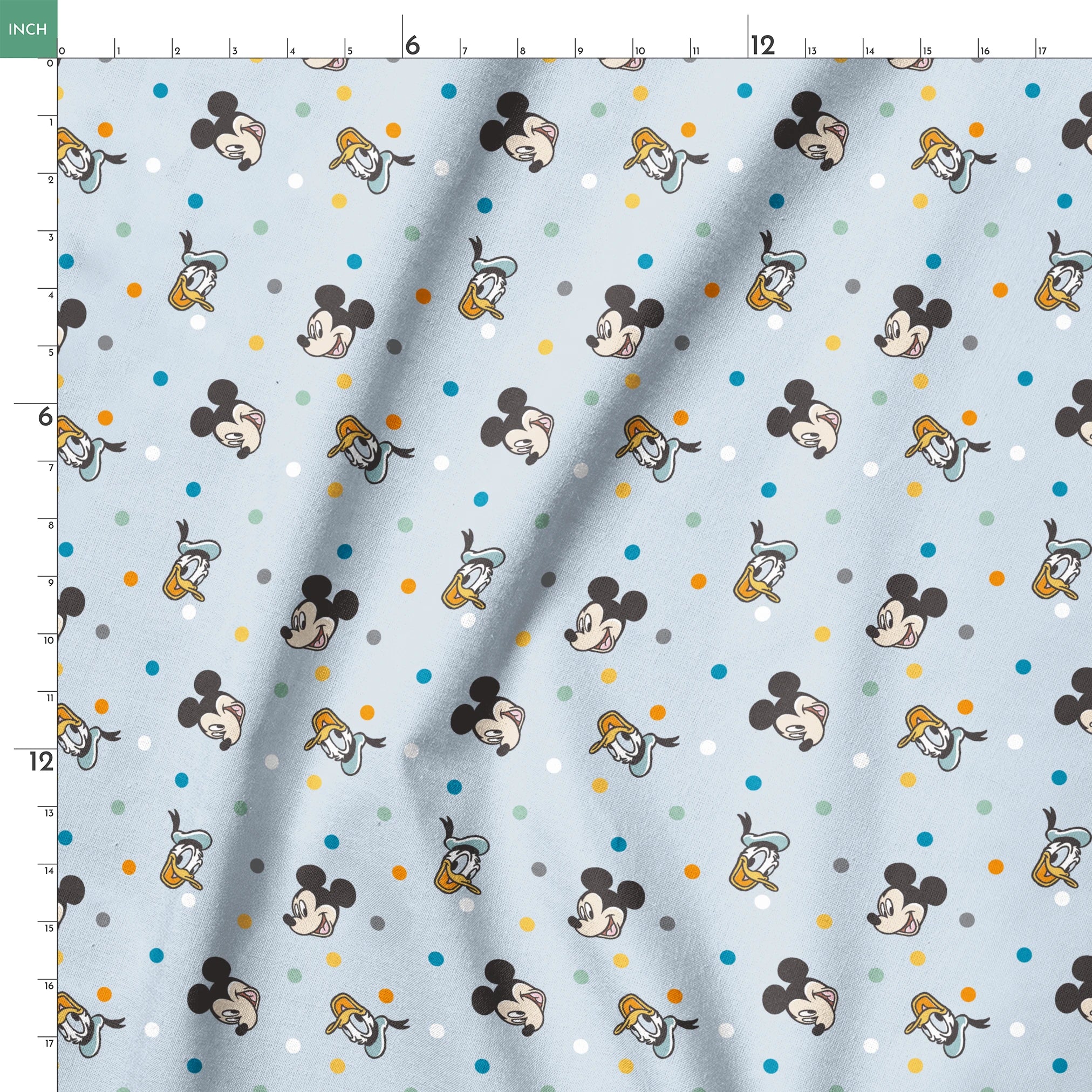 Disney character pattern with Mickey Mouse and Donald Duck heads scattered on light blue background with colorful polka dots springs ruler 18x18