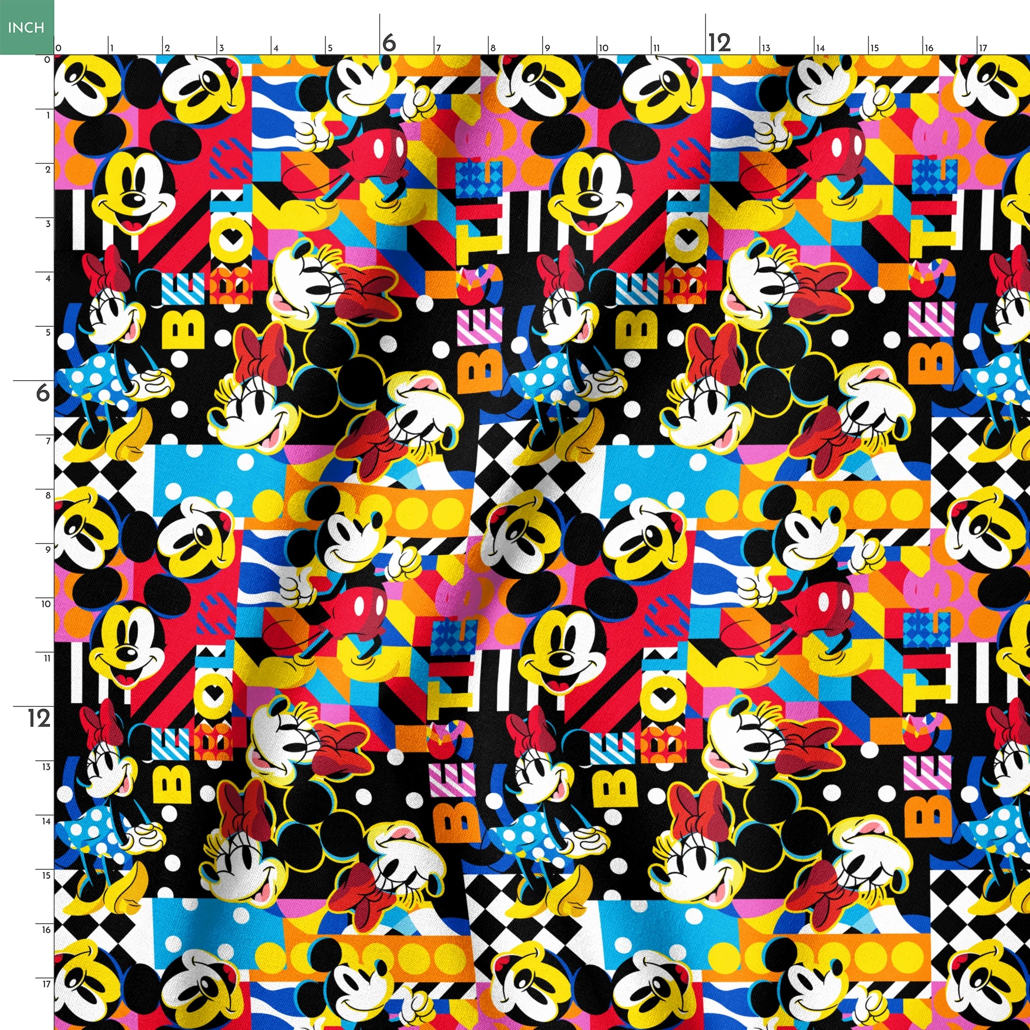 Vibrant pop art collage of Mickey Mouse in various poses against colorful geometric patterns and backgrounds springs ruler 18x18
