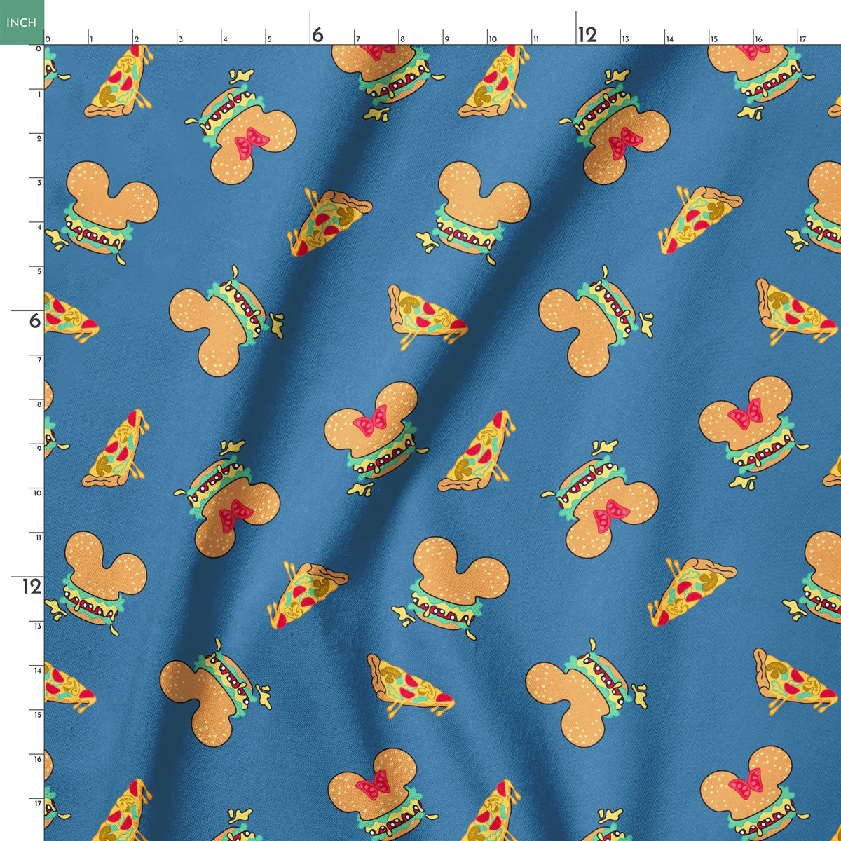 Pattern of Disney-inspired food items - hot dogs and pizza slices on blue background springs ruler 18x18