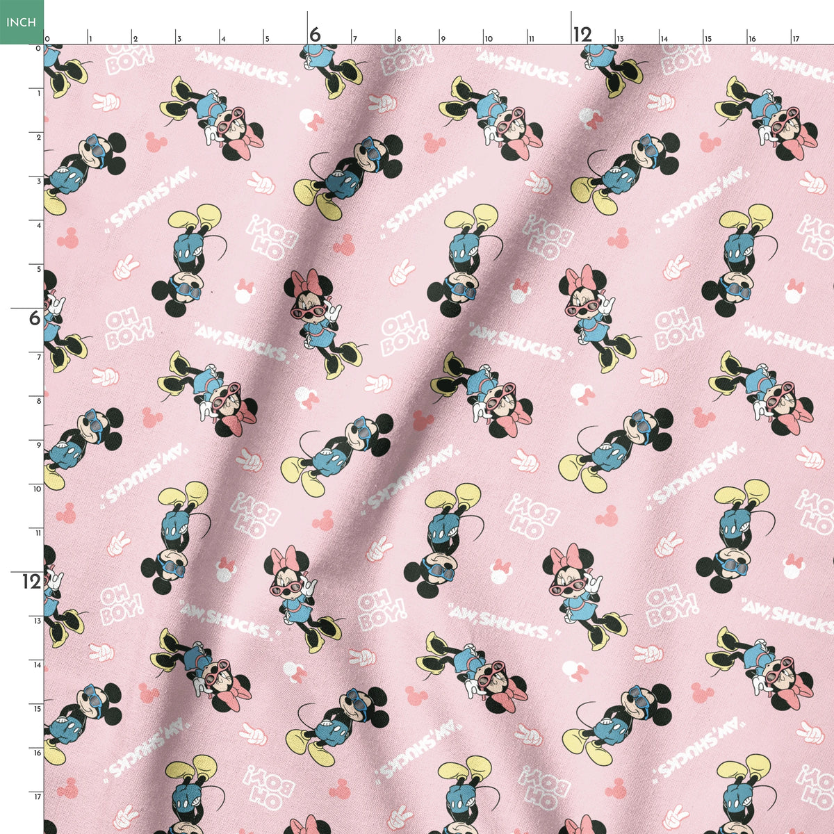 Disney cartoon characters on pink background with expressions "Oh Boy" and "Aw Shucks" in repeating pattern springs ruler 18x18