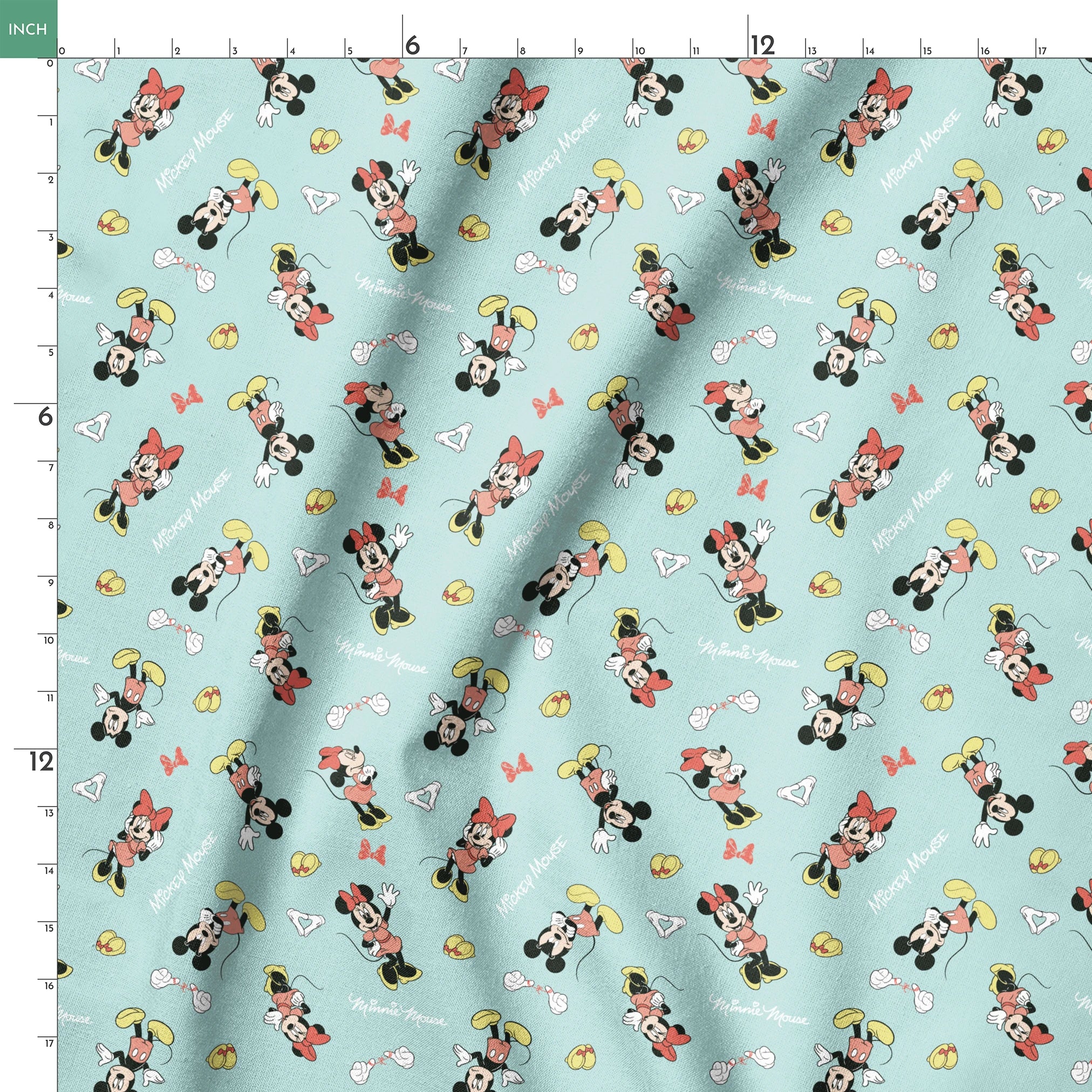 Mickey and Minnie Mouse pattern on light turquoise background with scattered characters, bows, and gloves springs ruler 18x18