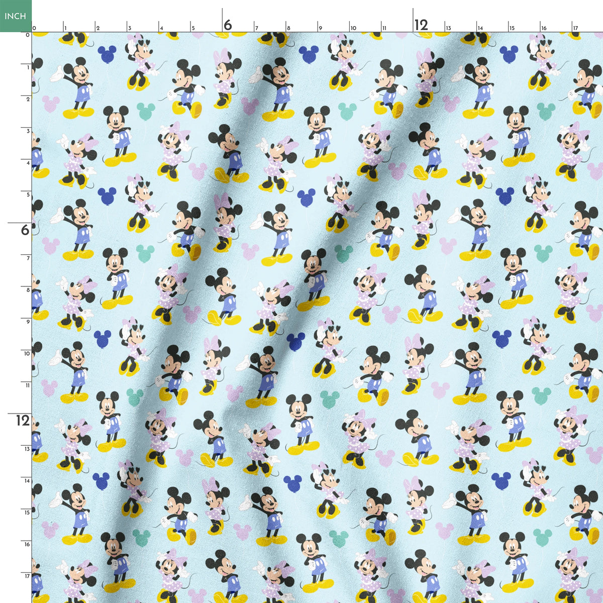 Pattern of Mickey and Minnie Mouse characters in various poses on light blue background springs ruler 18x18