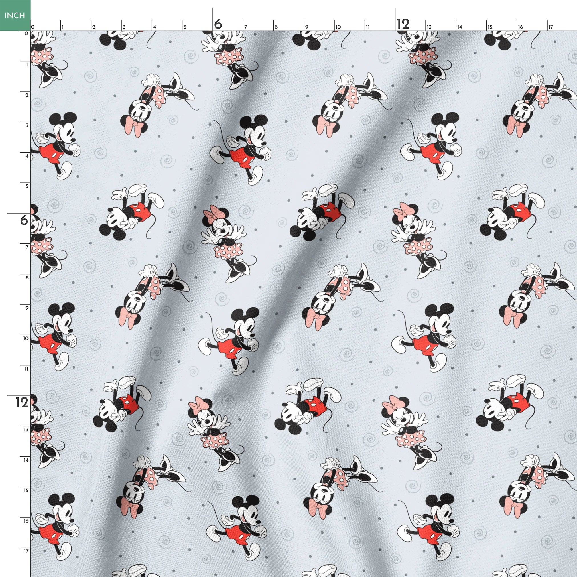 Classic Minnie and Mickey Mouse pattern with characters in various poses on light blue background with swirls springs ruler 18x18