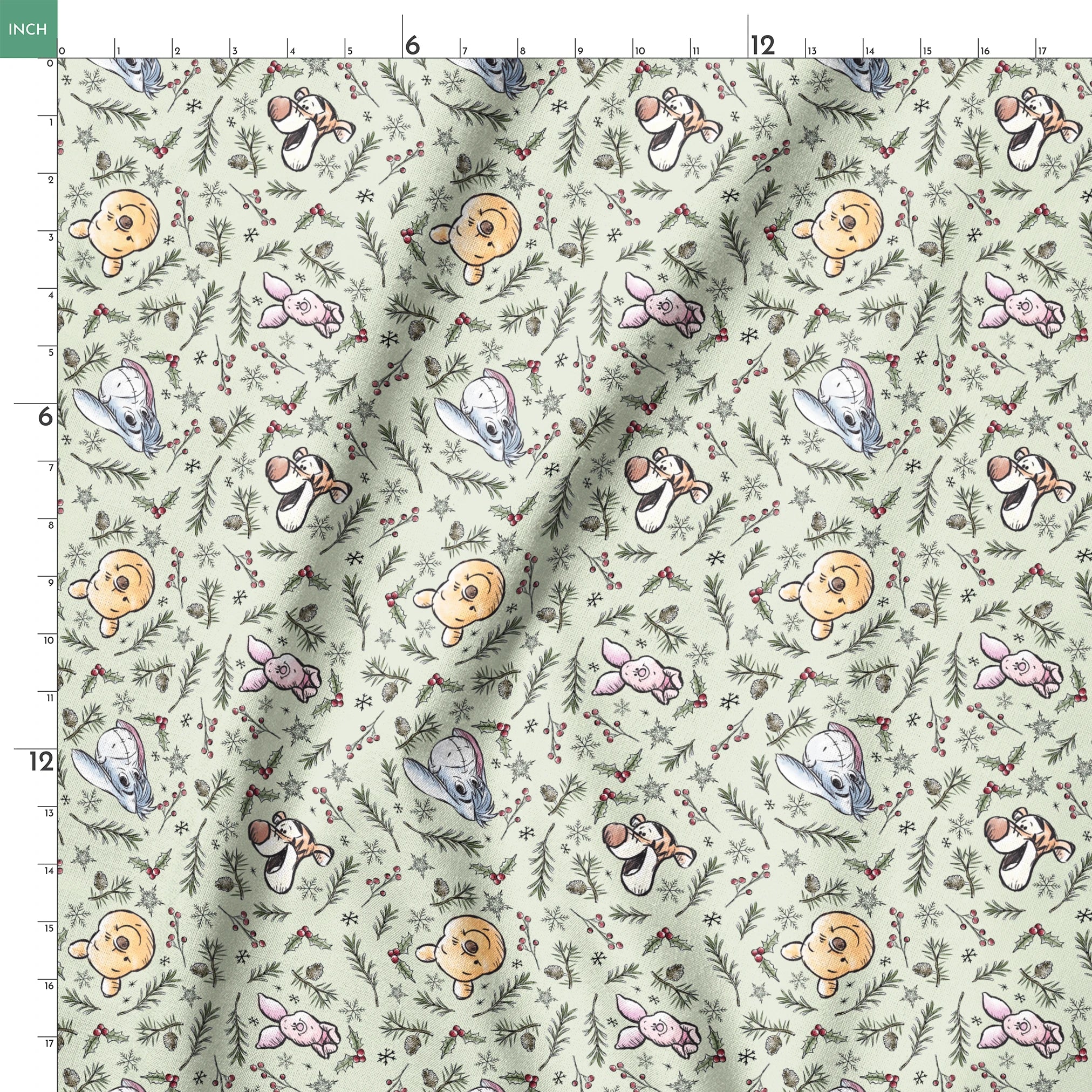 Whimsical holiday pattern with cartoon animals, pine branches, berries, and snowflakes on mint green springs ruler 18x18