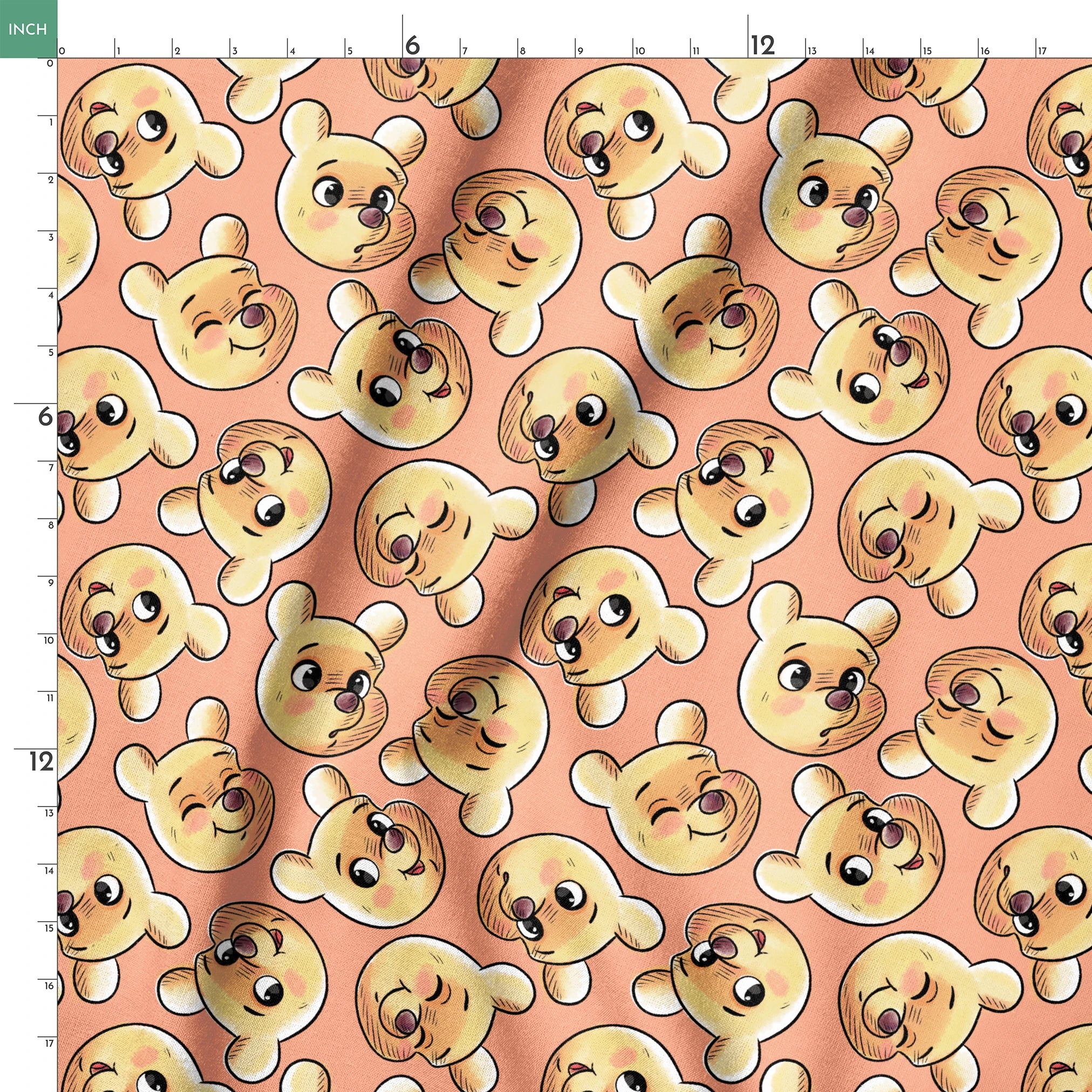 Cartoon teddy bear faces with cute expressions on peach background in repeating pattern springs ruler 18x18