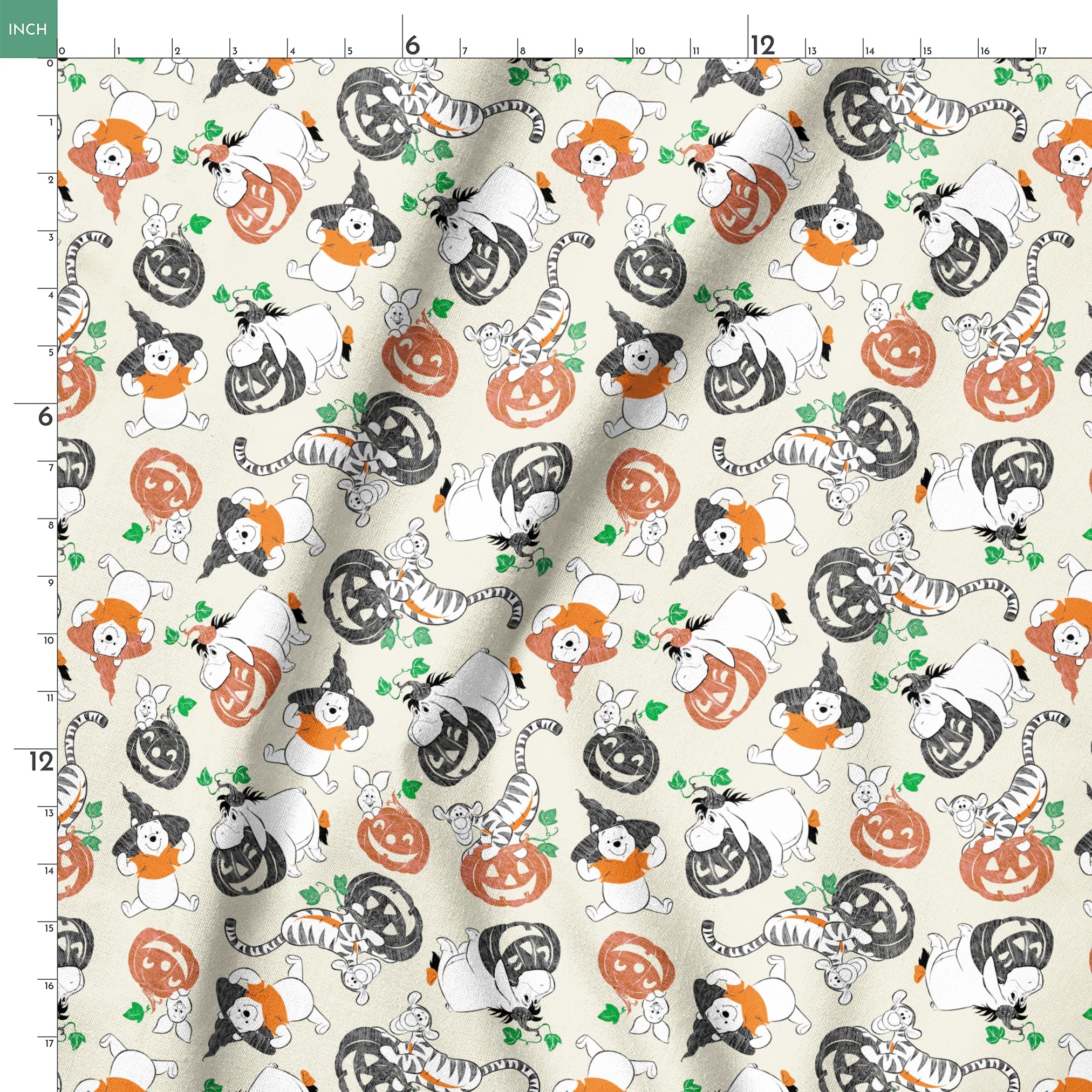 Whimsical Halloween pattern with cartoon ghosts, pumpkins, cats, and bears on cream background springs ruler 18x18