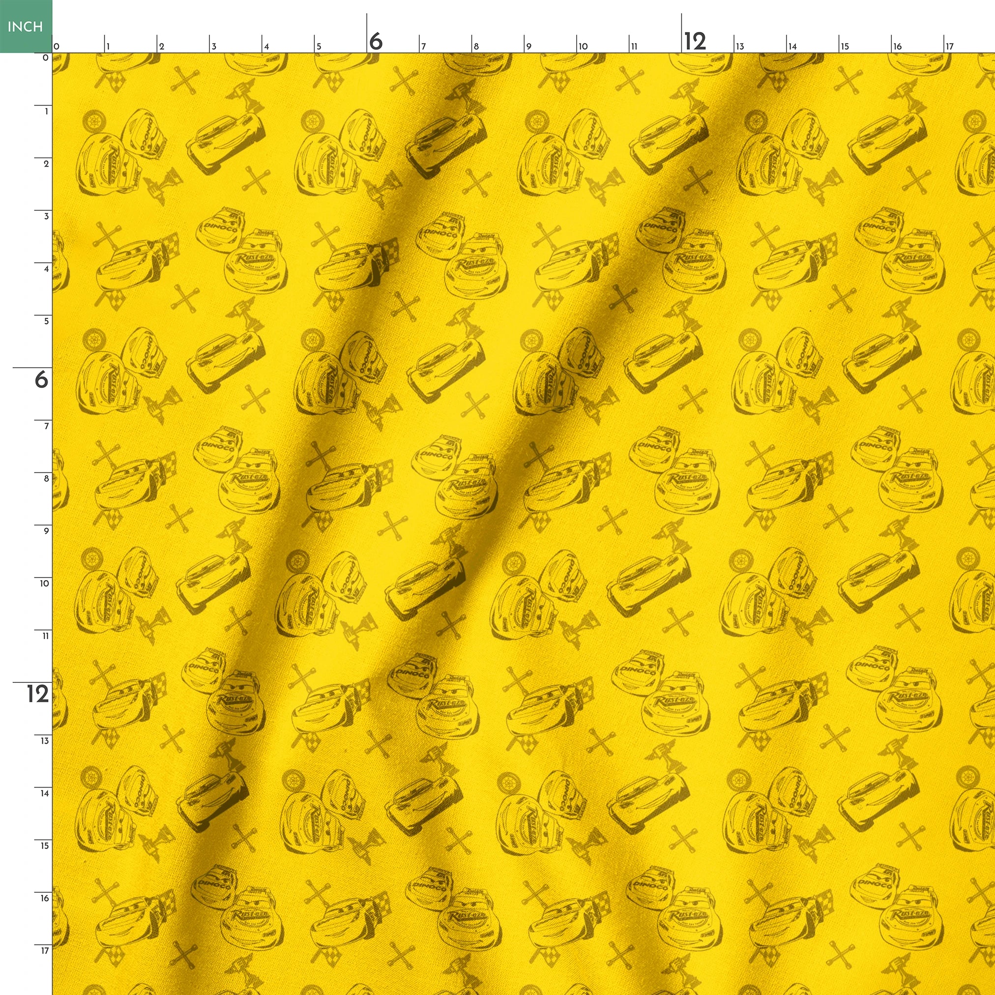 Yellow background with cartoon race cars, tires, and tool icons in a repeating pattern design springs ruler 18x18