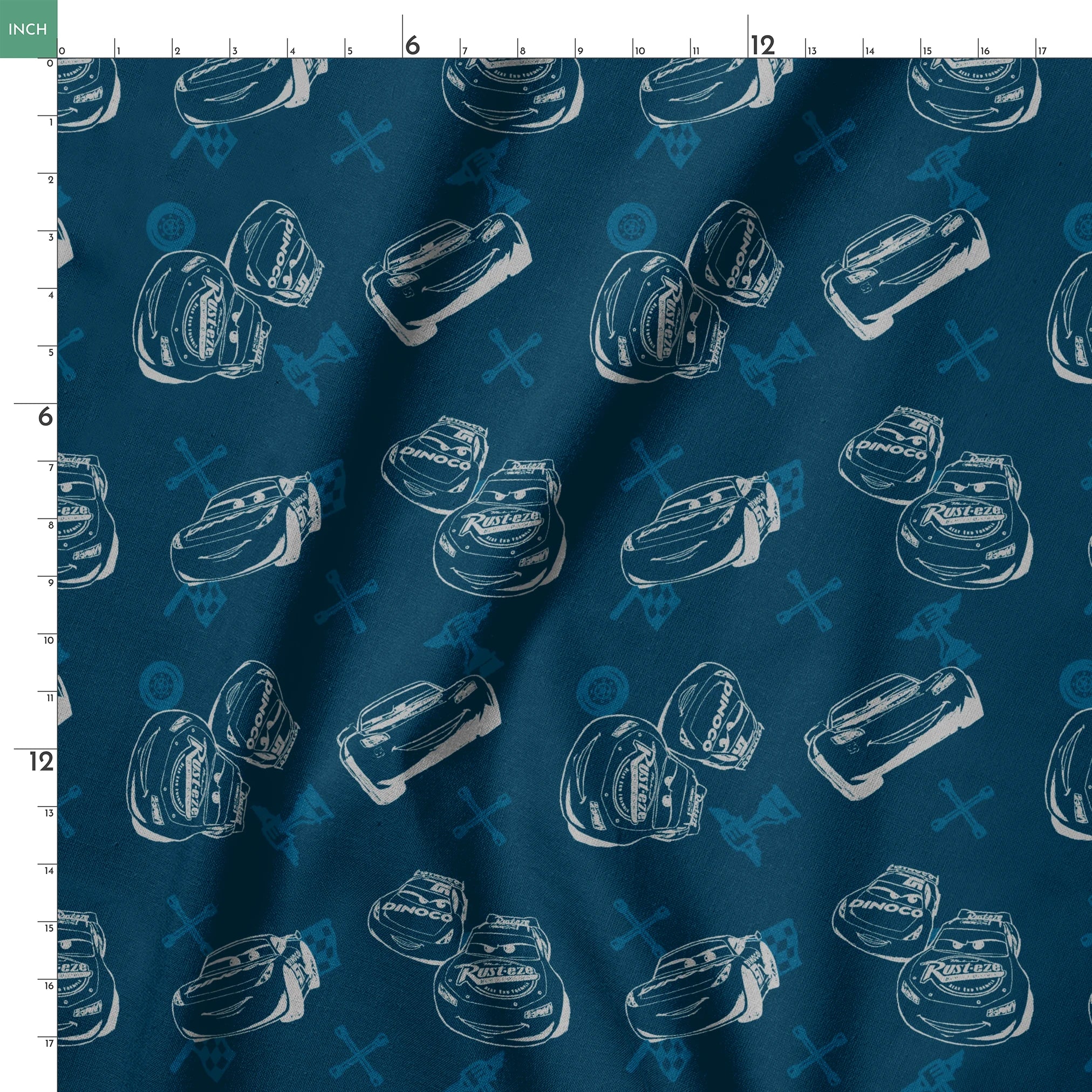 Race cars pattern on dark blue background with sketched vehicles and tire marks springs ruler 18x18