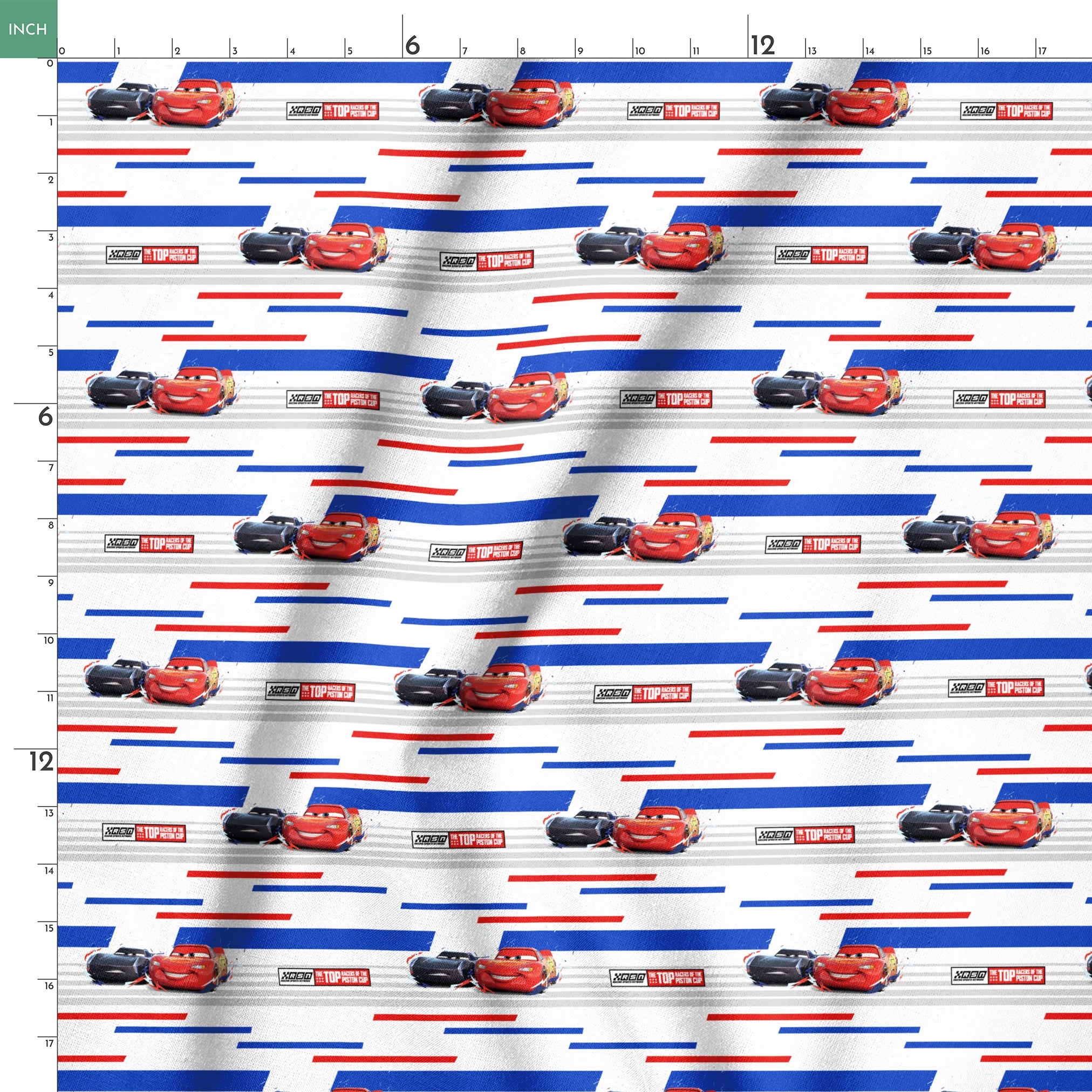 Red and black race cars from Disney Pixar's Cars movie on striped blue, white, and red background with XSpeed logo springs ruler 18x18