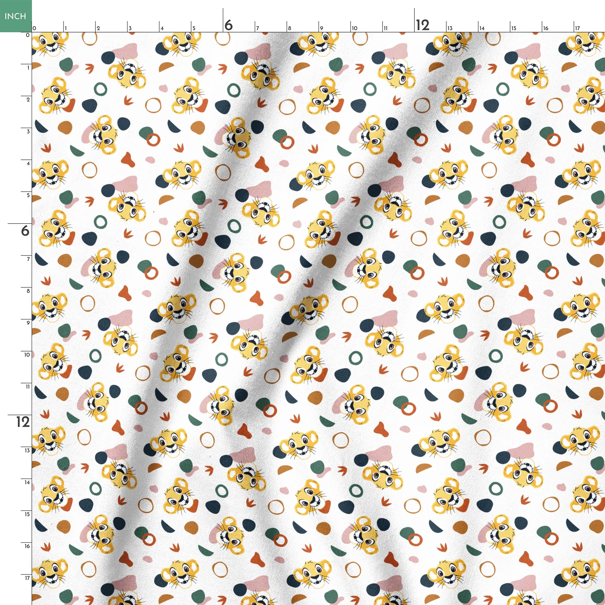 Cute Lion King characters with colorful abstract shapes in pink, teal, brown, and navy on white springs ruler 18x18