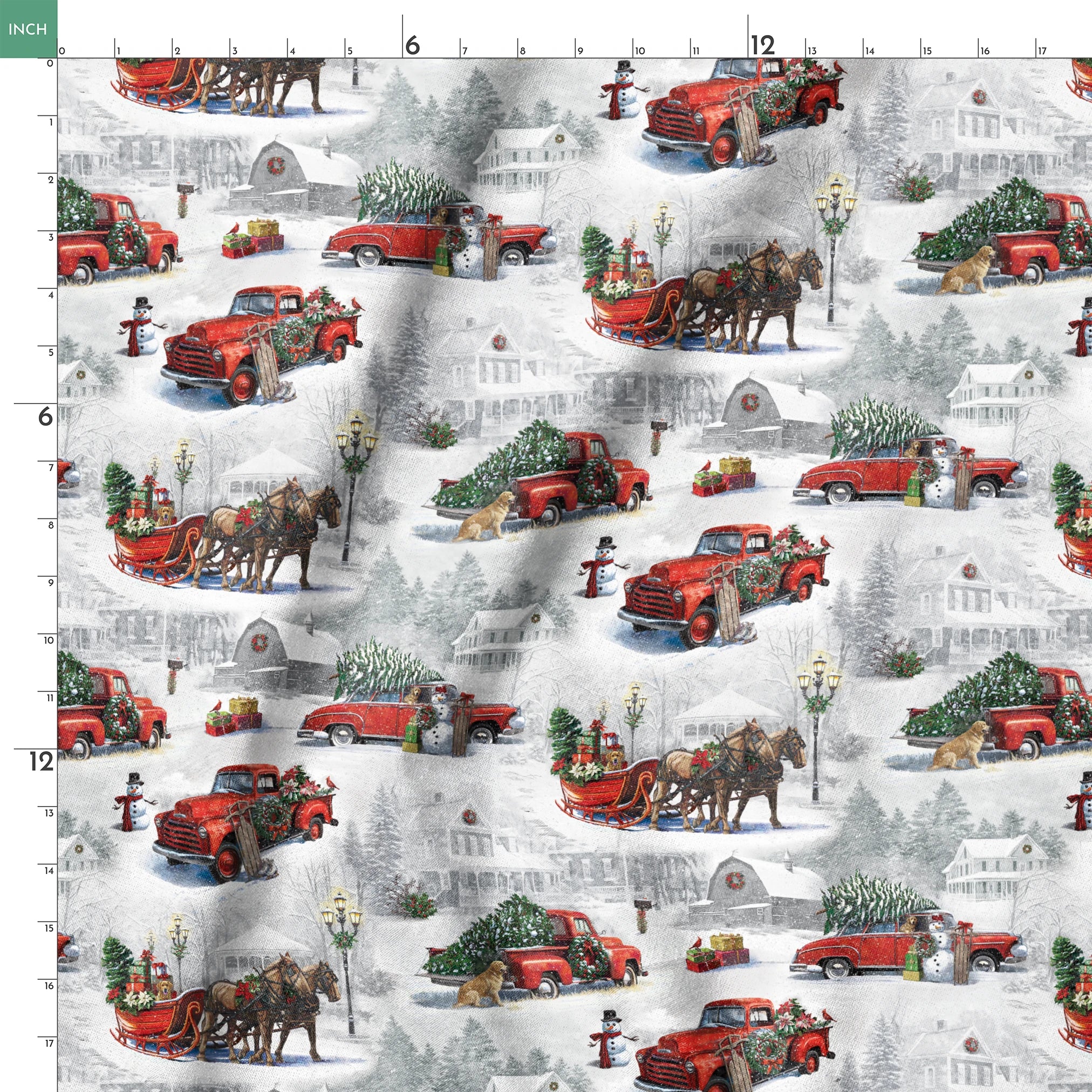 Christmas pattern with vintage red trucks, horse-drawn sleighs, and pine trees in snowy winter landscape springs ruler 18x18