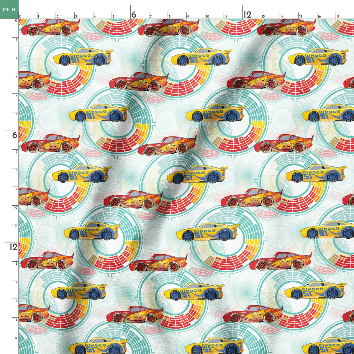 Colorful Disney Pixar Cars racing in red and yellow on a light blue background with circular patterns springs ruler 18x18