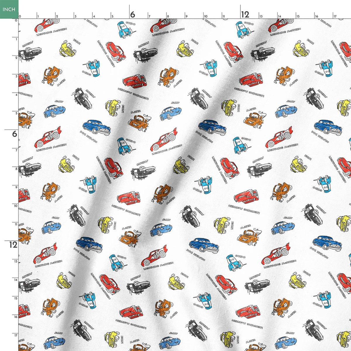 Colorful cartoon race cars in various colors scattered on white background with small text labels springs ruler 18x18