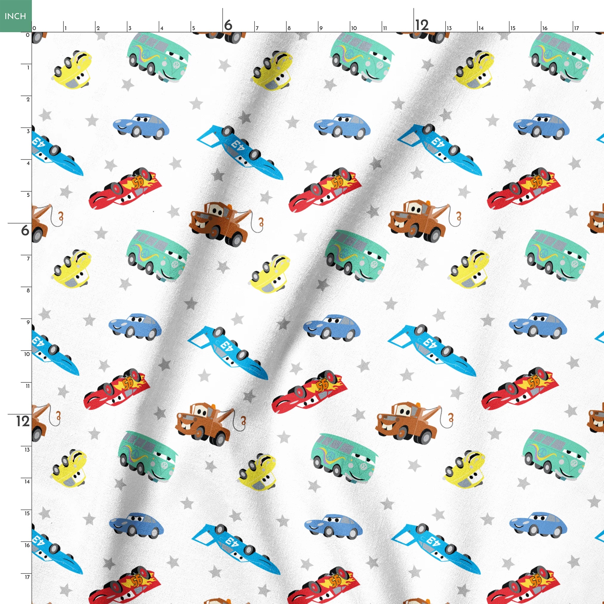Cartoon vehicles pattern with colorful cars, trucks, and racing cars on white background with gray stars springs ruler 18x18