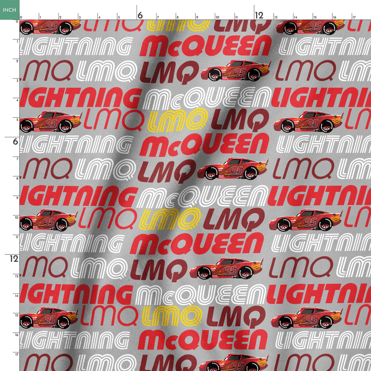 Lightning McQueen race car graphic with repeating LMQ text in red, yellow, and white on gray background springs ruler 18x18