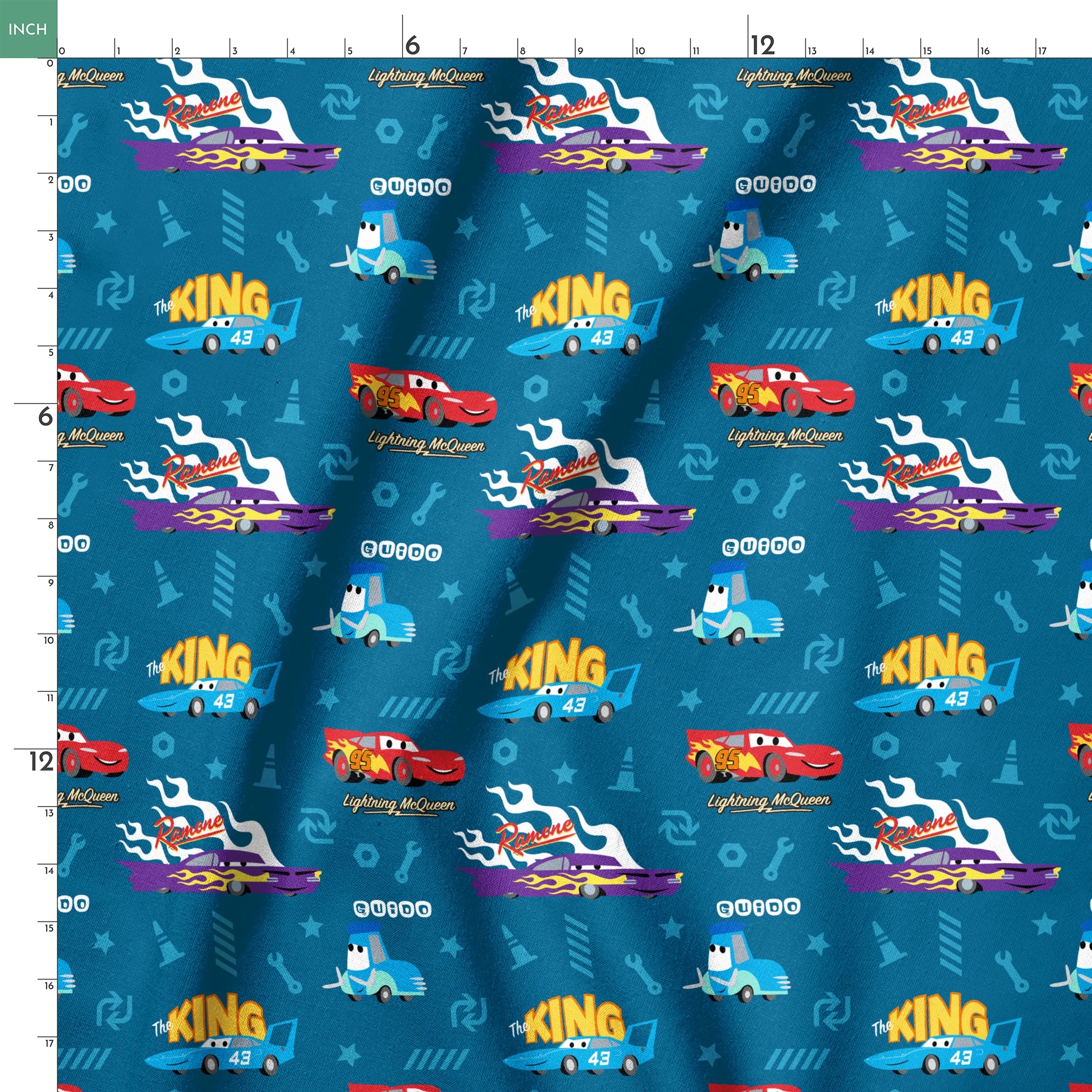 Disney Cars pattern featuring Lightning McQueen, Ramone's purple car with flames, and The King 43 on blue background with racing icons springs ruler 18x18