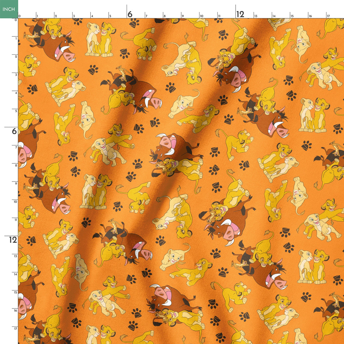 Playful pattern of cartoon cubs in yellow and brown poses on bright orange background with pawprints springs ruler 18x18