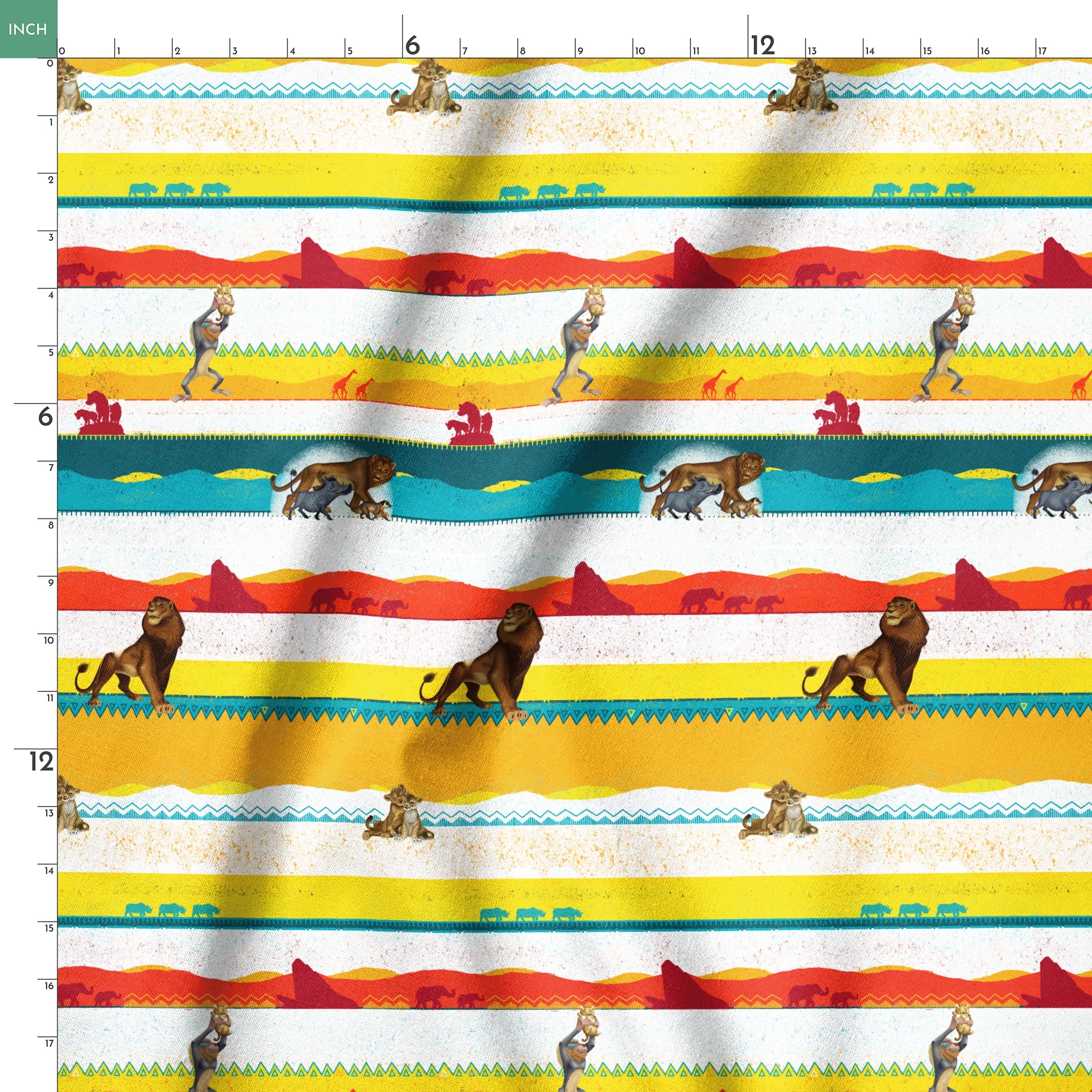 Colorful horizontal striped pattern featuring wildlife silhouettes including lion, elephant, and animals in savanna landscapes. springs ruler 18x18
