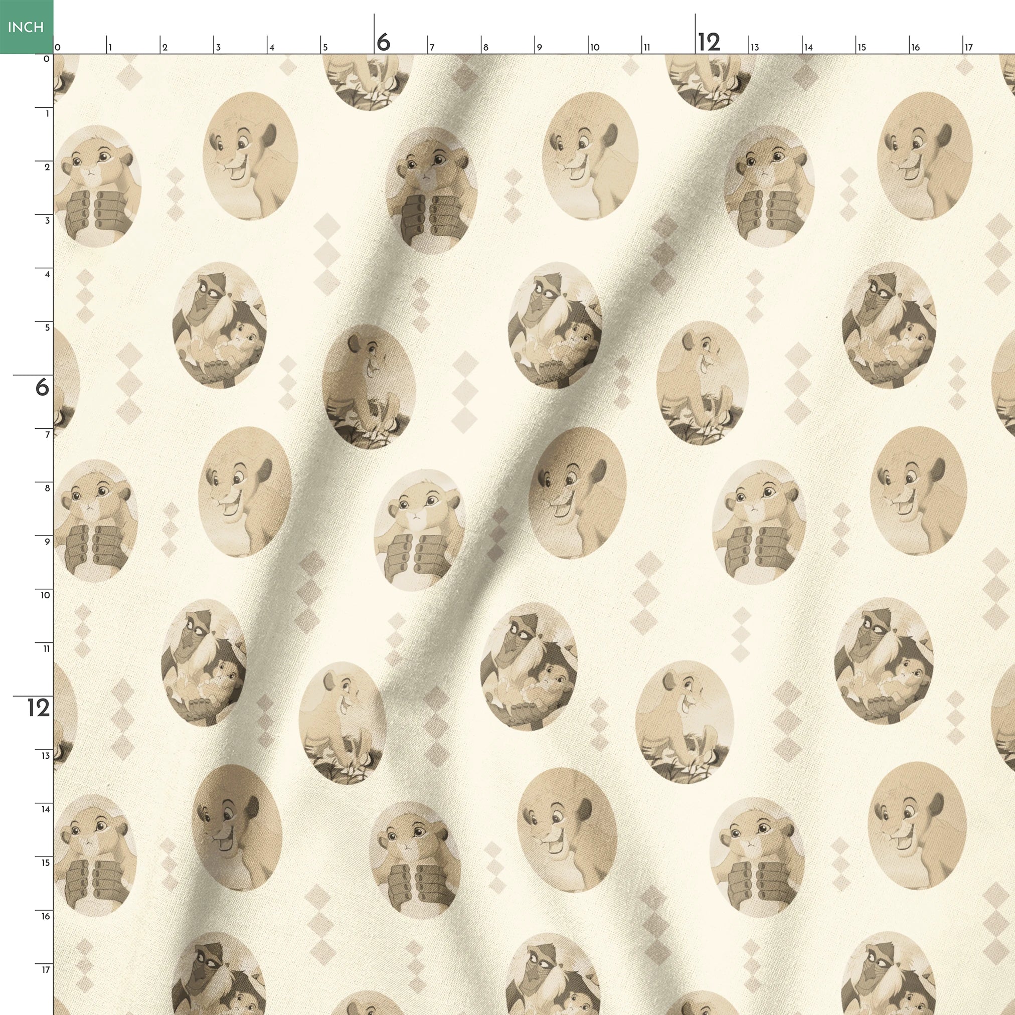 Lion King characters in sepia tone portraits on cream background with diamond pattern springs ruler 18x18