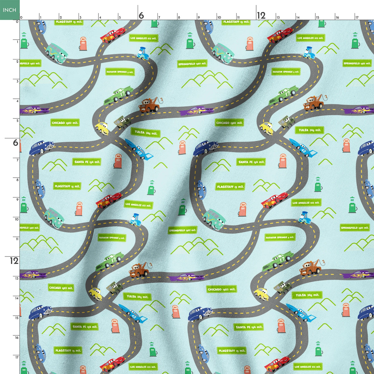 Cars from "Cars" movie on winding road with green speech bubbles showing different car brands and gas stations. springs ruler 18x18