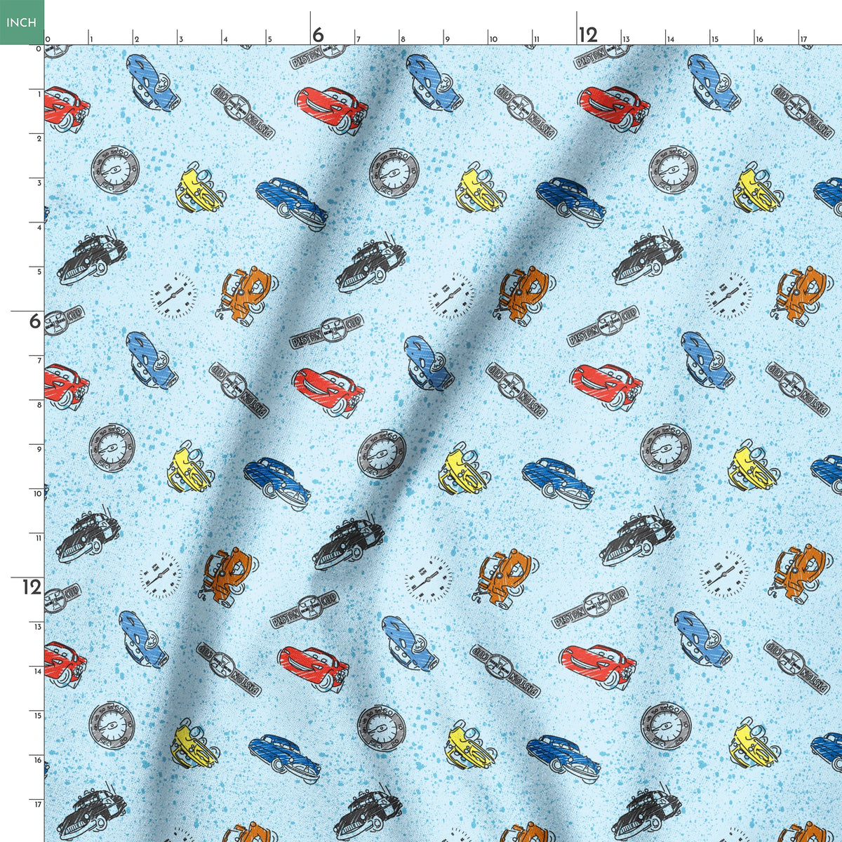 Colorful cartoon cars and watches scattered on a light blue speckled background pattern springs ruler 18x18