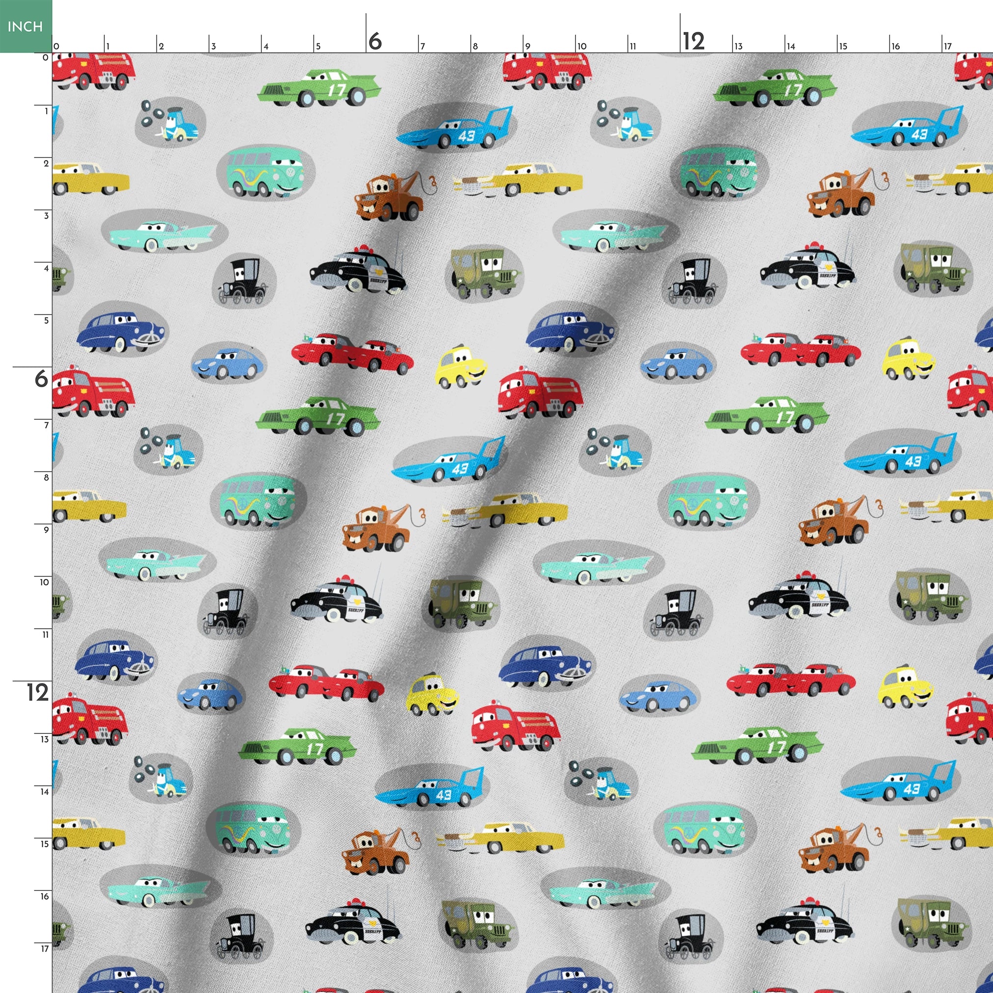 Various cartoon toy cars and vehicles in different colors (red, blue, green, yellow) displayed against a gray background with cute animated faces. springs ruler 18x18