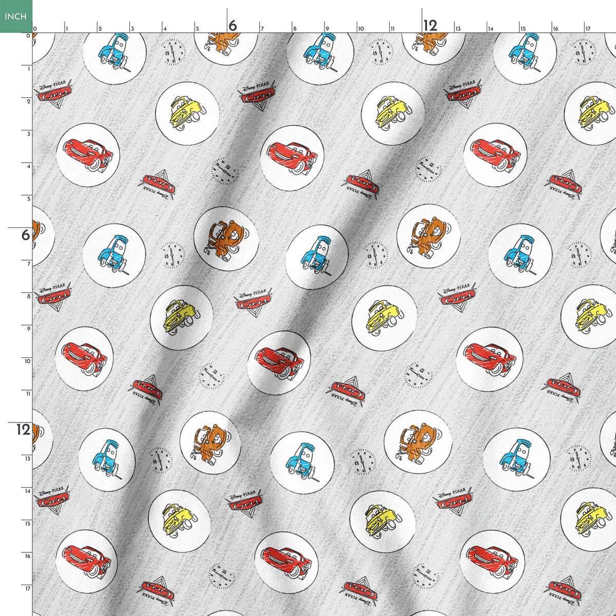 Cartoon Cars movie characters in white circles on a light gray sketched background with Cars logos springs ruler 18x18