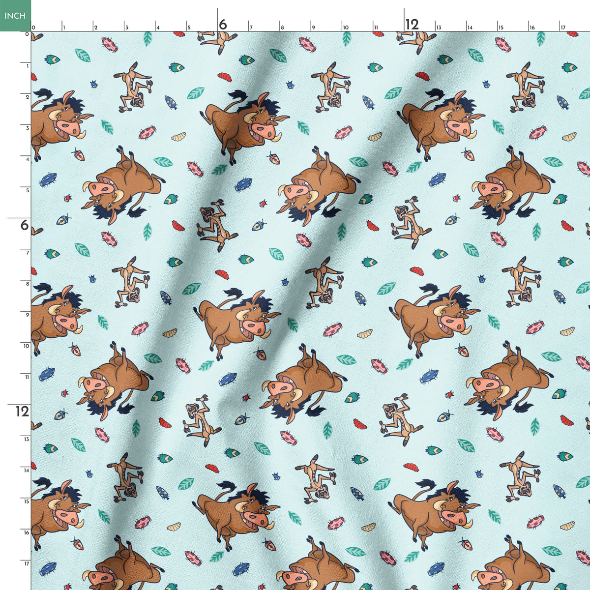 Lion King characters and colorful leaves scattered on light blue background in playful pattern springs ruler 18x18