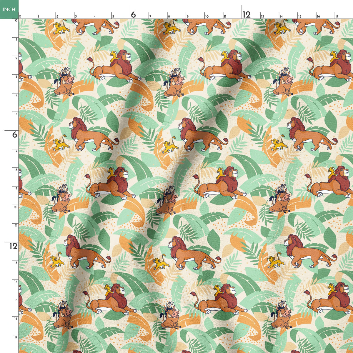 Lion King-inspired pattern with lions and jungle animals amid colorful tropical leaves on cream background springs ruler 18x18