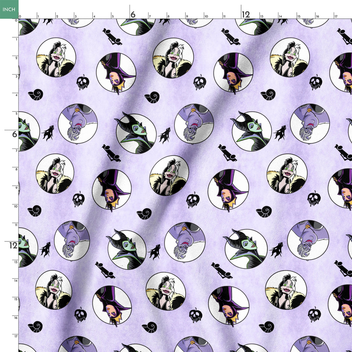 Disney villains pattern with circular character portraits on lavender background with black silhouettes of iconic symbols springs ruler 18x18