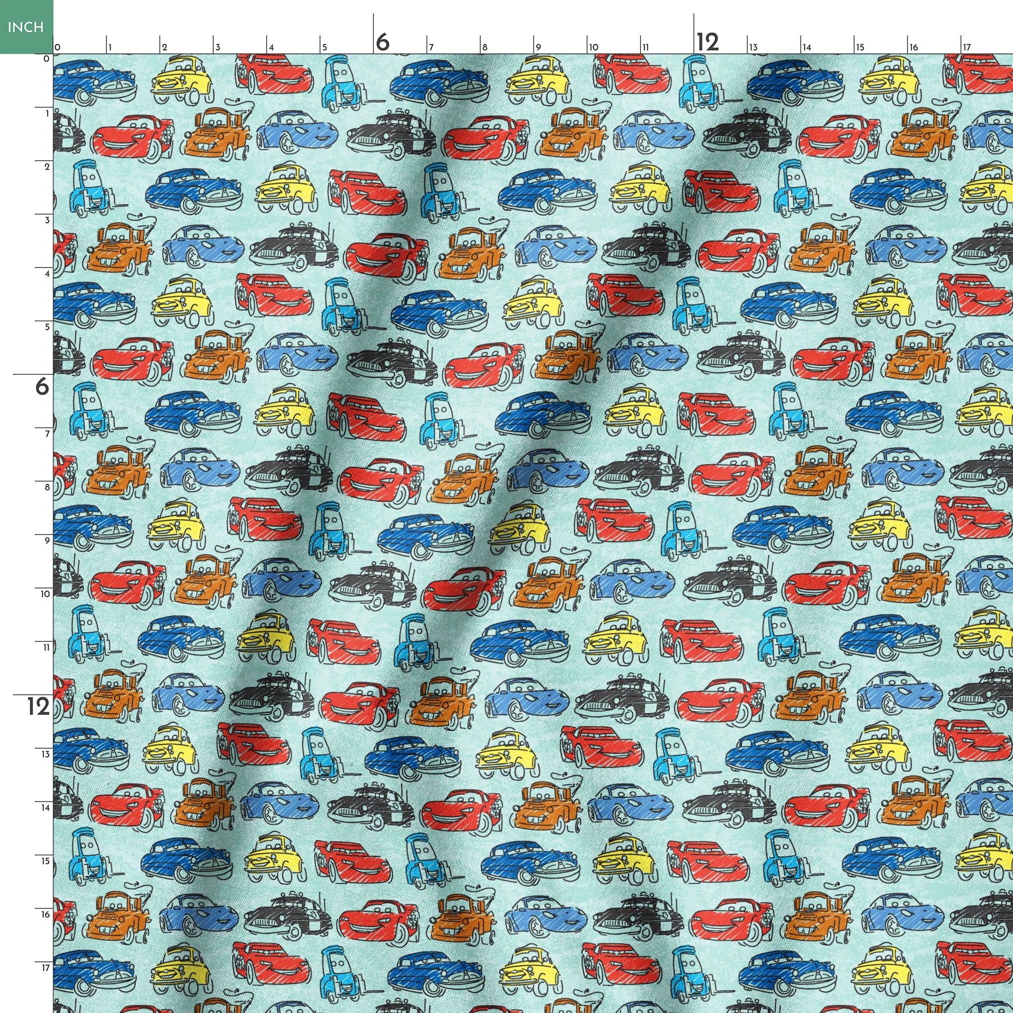 Colorful cartoon cars pattern including red racecars, blue sedans, yellow coupes, and tow trucks on light blue background springs ruler 18x18