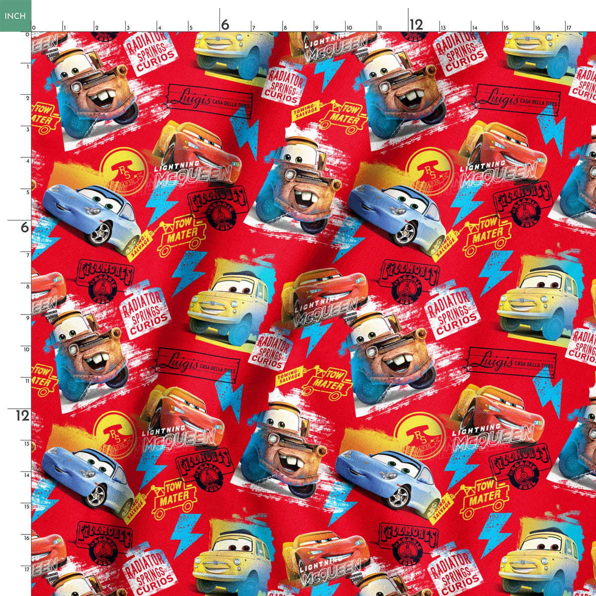Colorful Cars movie characters pattern featuring Lightning McQueen and Mater on red background with logos springs ruler 18x18