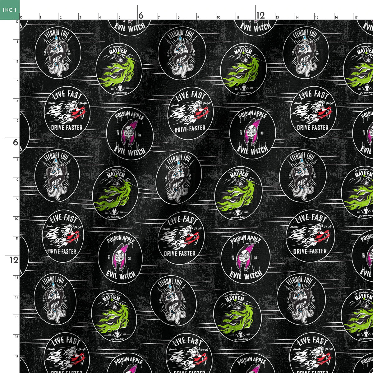 Punk-style Disney Villain circular badges including "Eternal Evil," "Live Fast Drive Faster," and green "Mayhem" designs on black background springs ruler 18x18